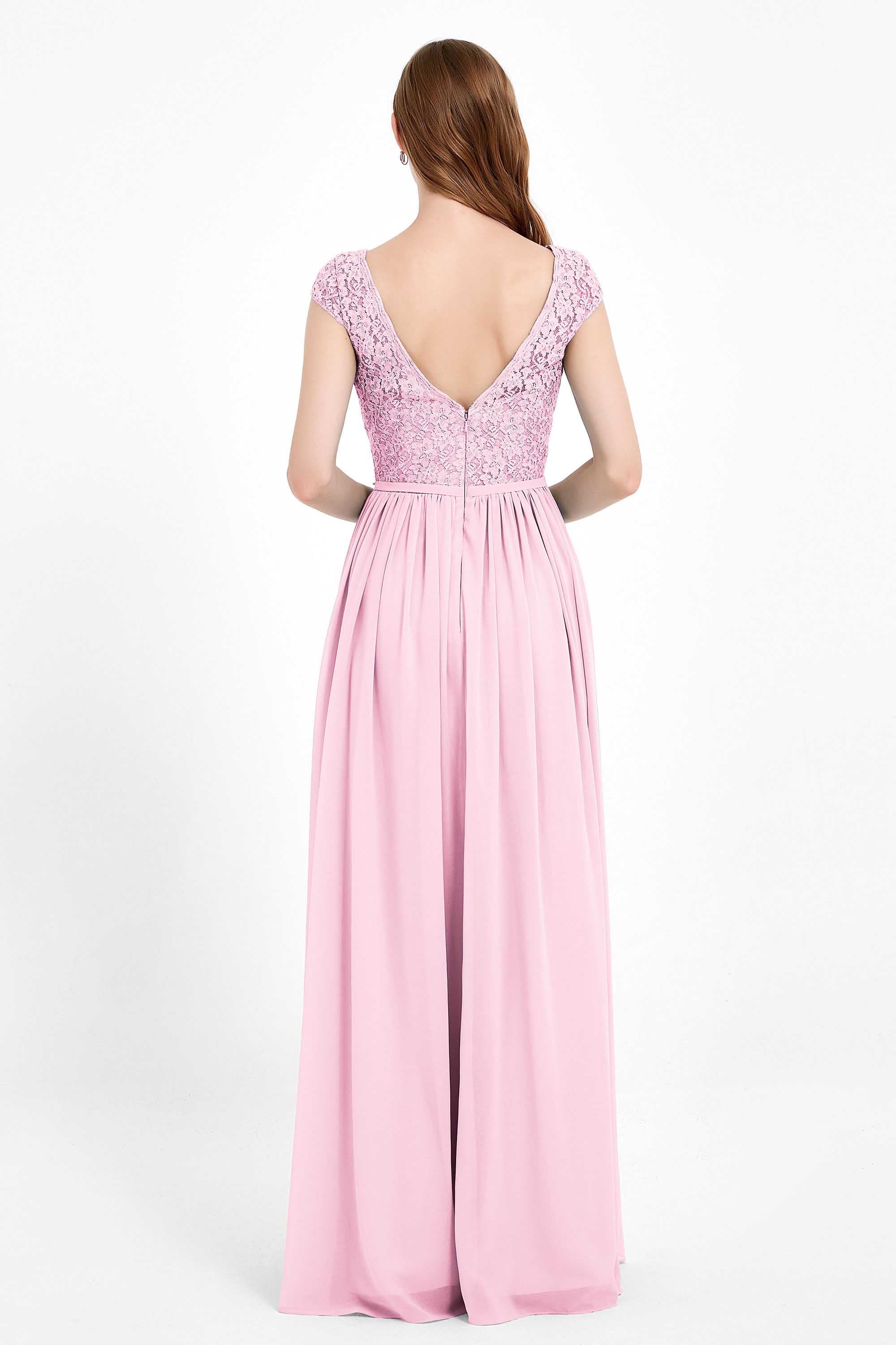 Cap Sleeves Ruched Chiffon Bridesmaid Dress Lace Formal Evening Party Dresses Gowns