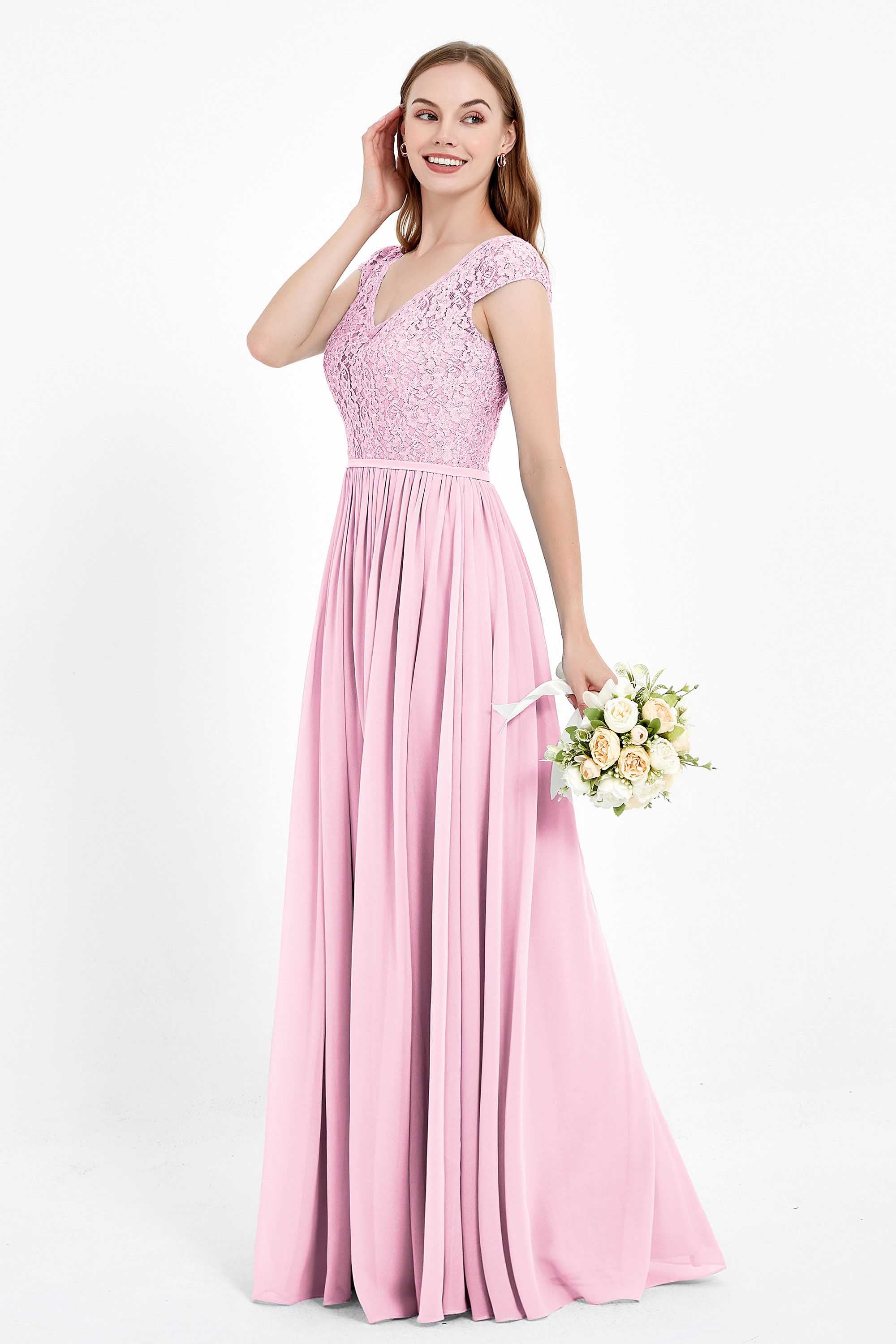 Cap Sleeves Ruched Chiffon Bridesmaid Dress Lace Formal Evening Party Dresses Gowns