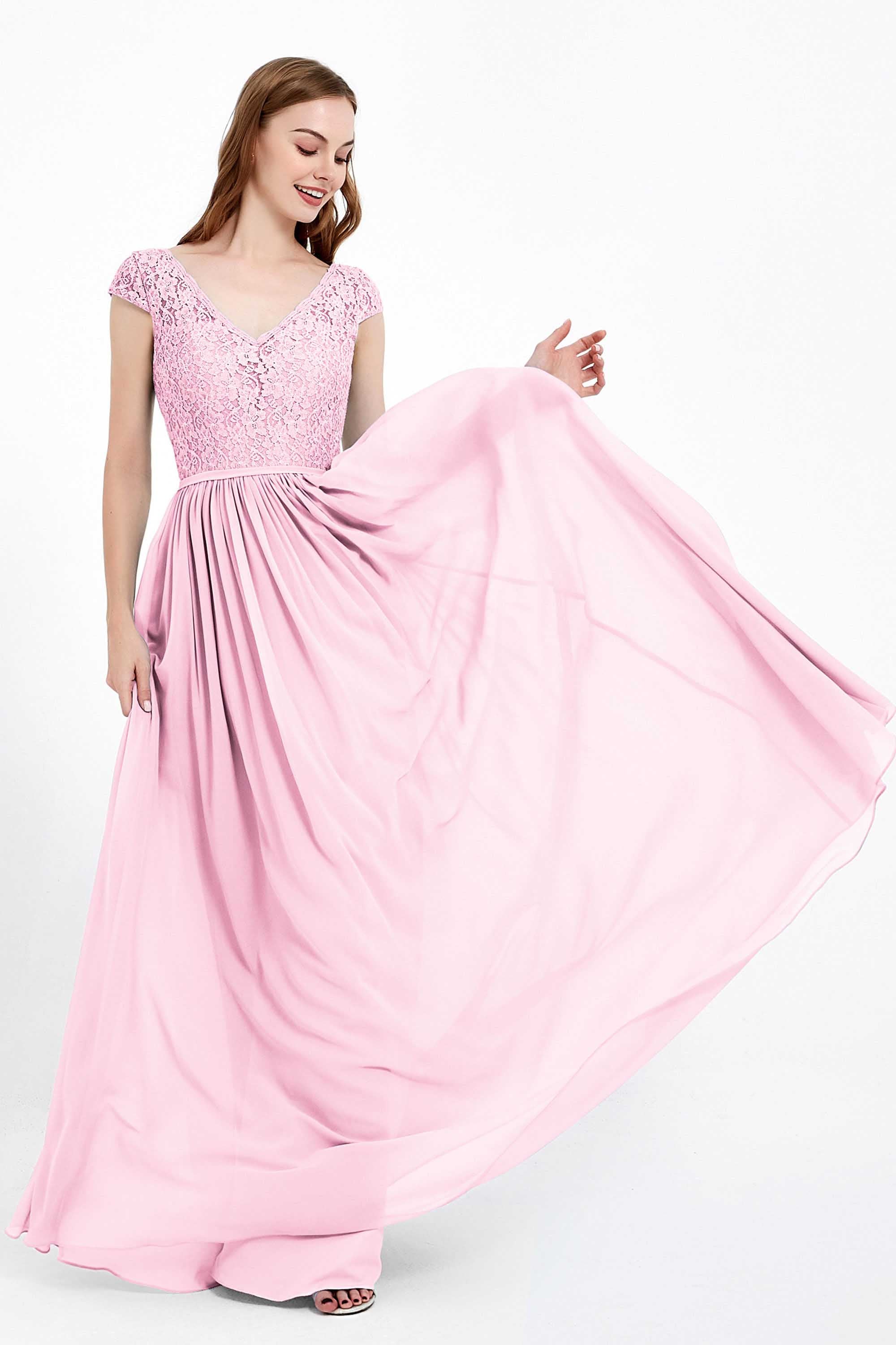 Cap Sleeves Ruched Chiffon Bridesmaid Dress Lace Formal Evening Party Dresses Gowns