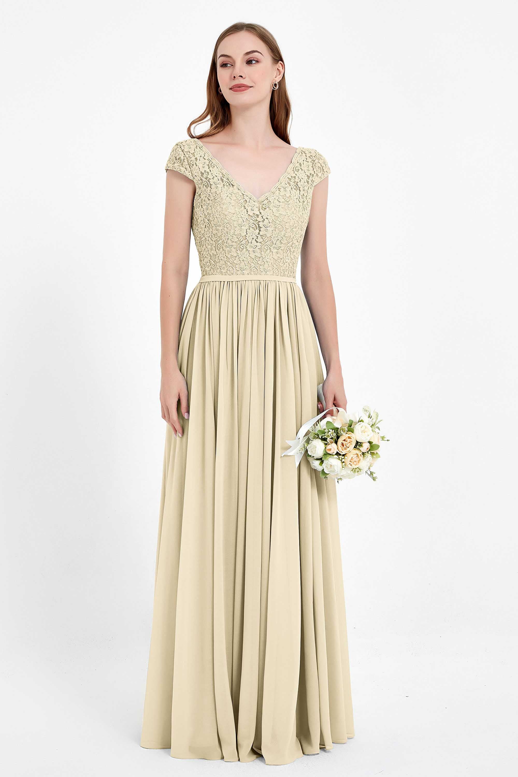 Cap Sleeves Ruched Chiffon Bridesmaid Dress Lace Formal Evening Party Dresses Gowns