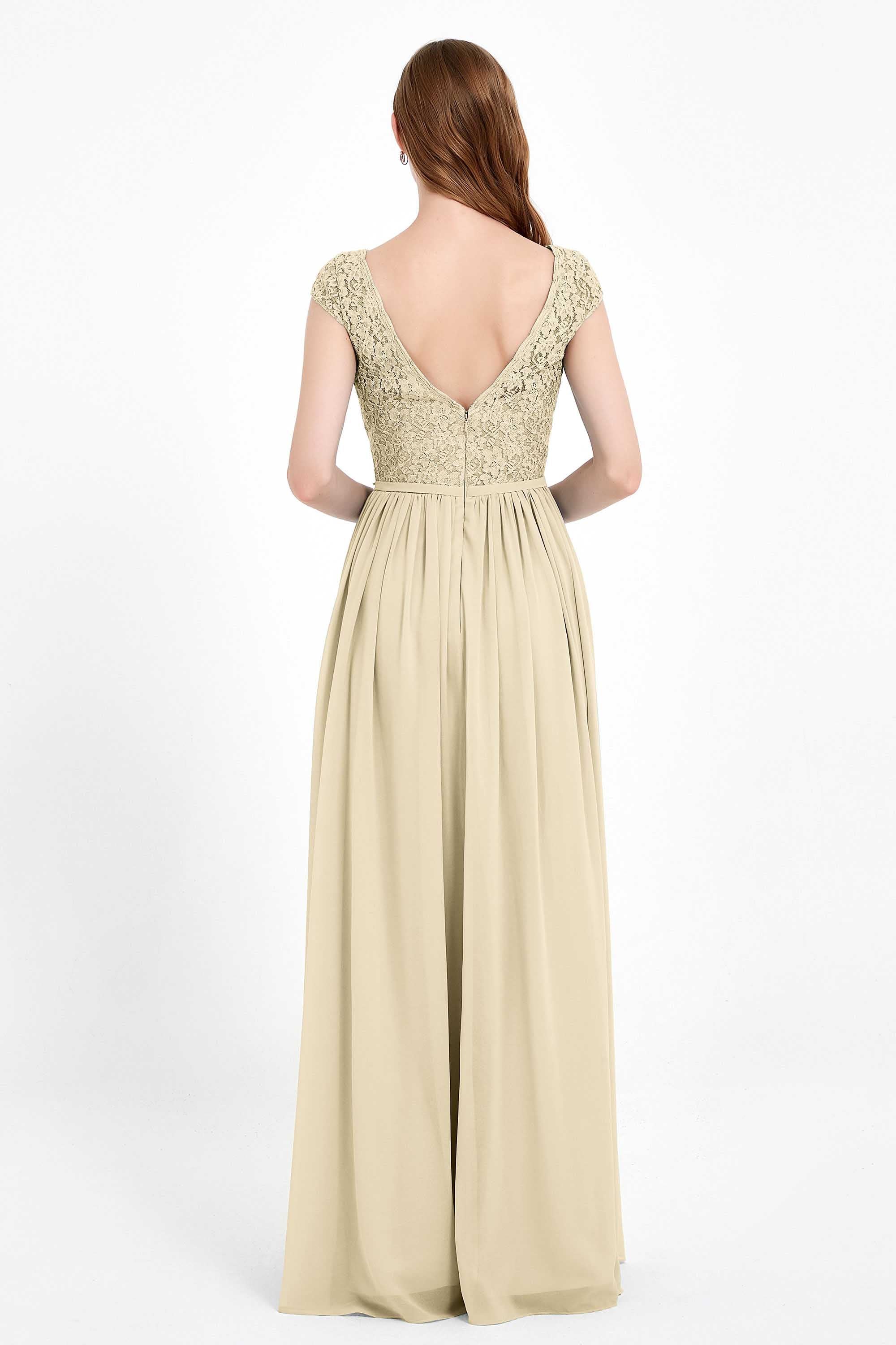 Cap Sleeves Ruched Chiffon Bridesmaid Dress Lace Formal Evening Party Dresses Gowns