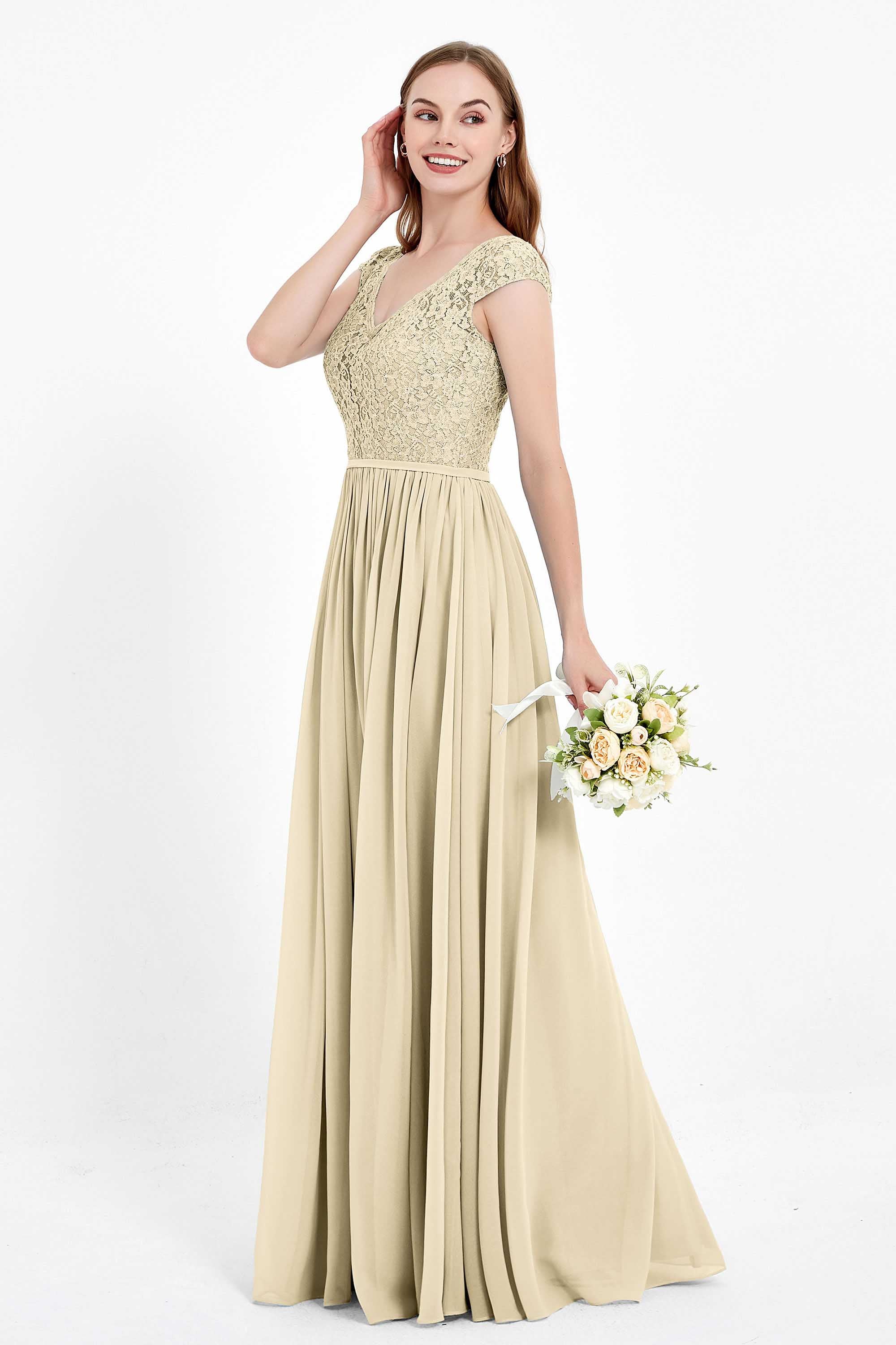 Cap Sleeves Ruched Chiffon Bridesmaid Dress Lace Formal Evening Party Dresses Gowns