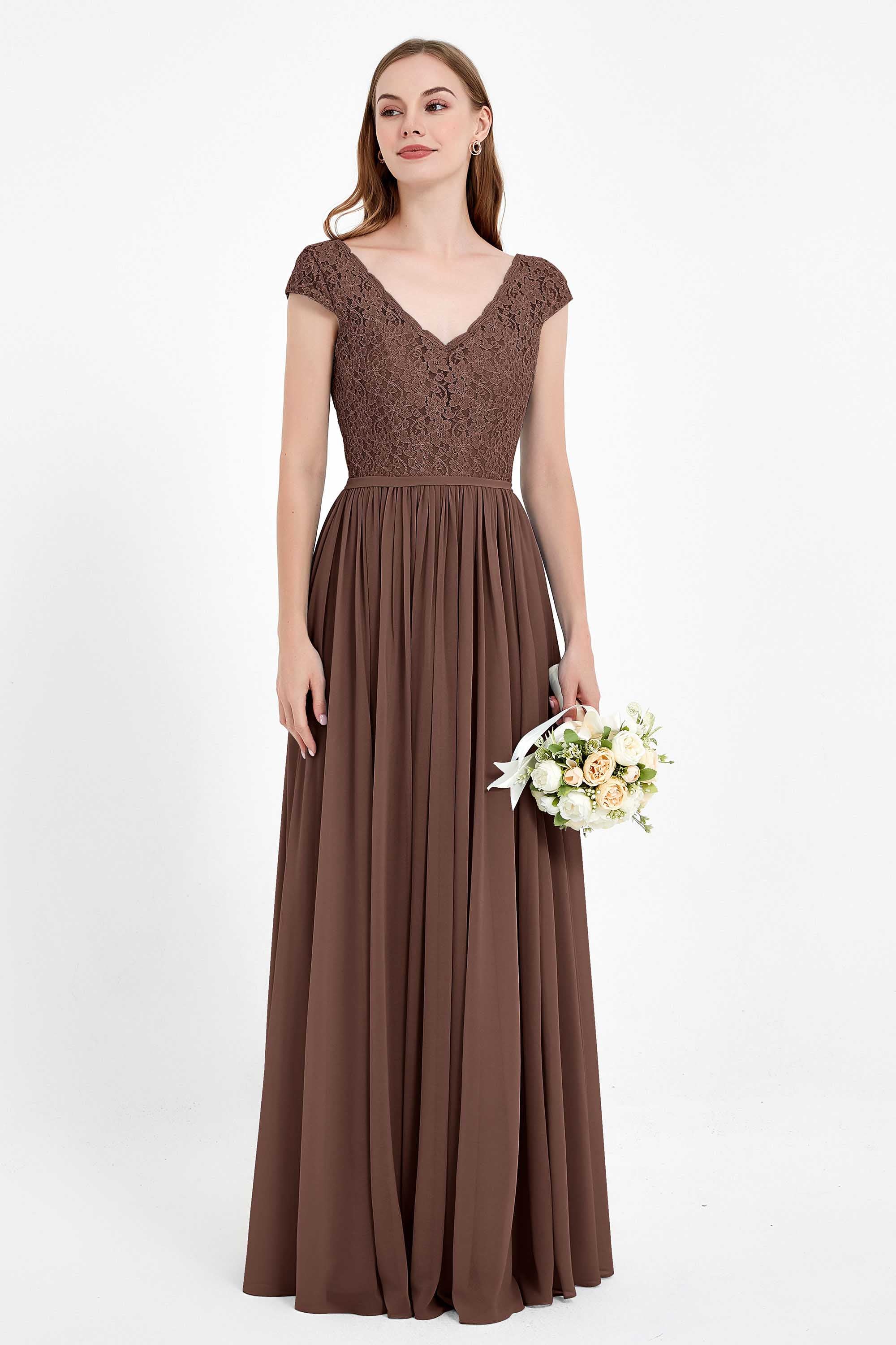 Cap Sleeves Ruched Chiffon Bridesmaid Dress Lace Formal Evening Party Dresses Gowns