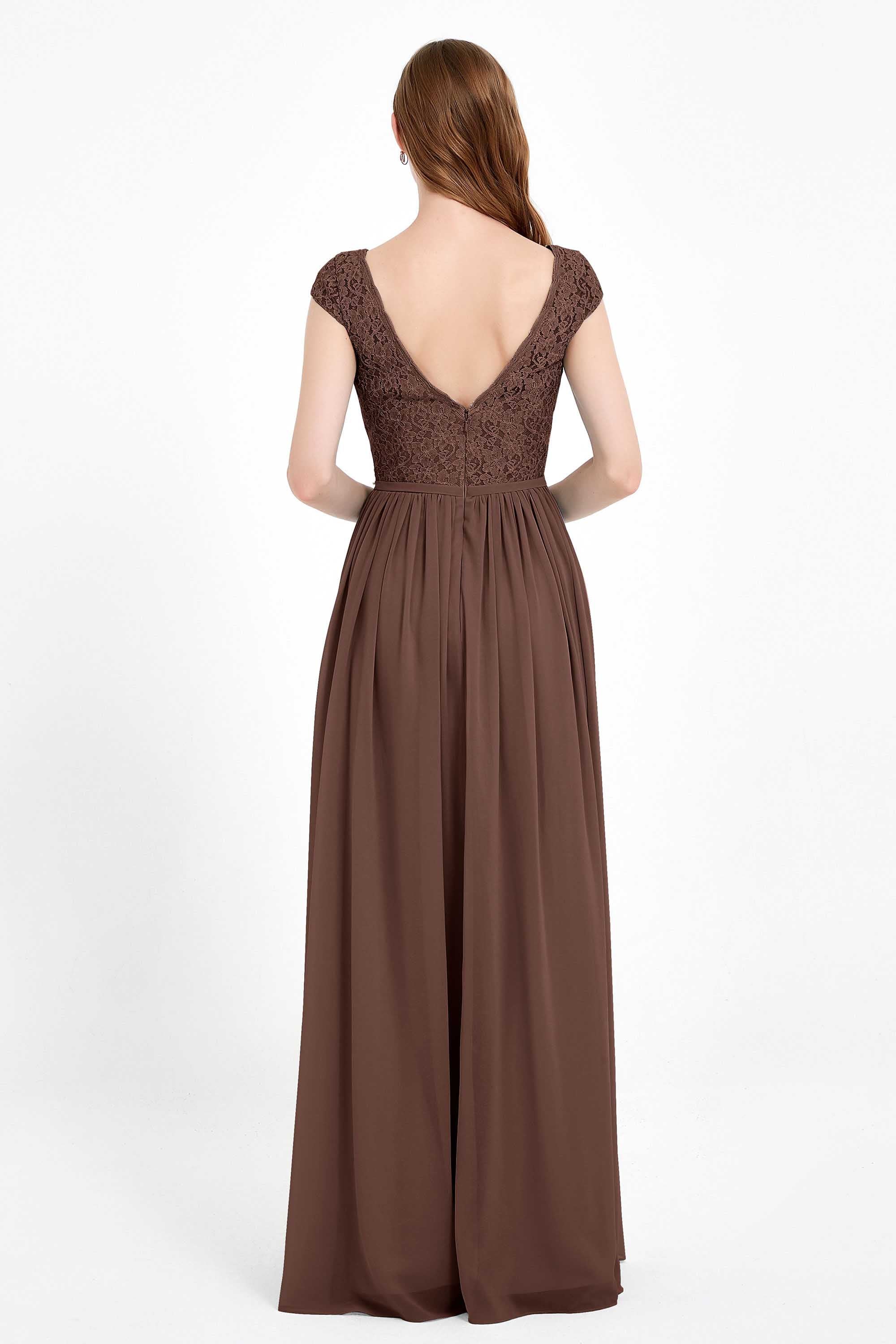 Cap Sleeves Ruched Chiffon Bridesmaid Dress Lace Formal Evening Party Dresses Gowns