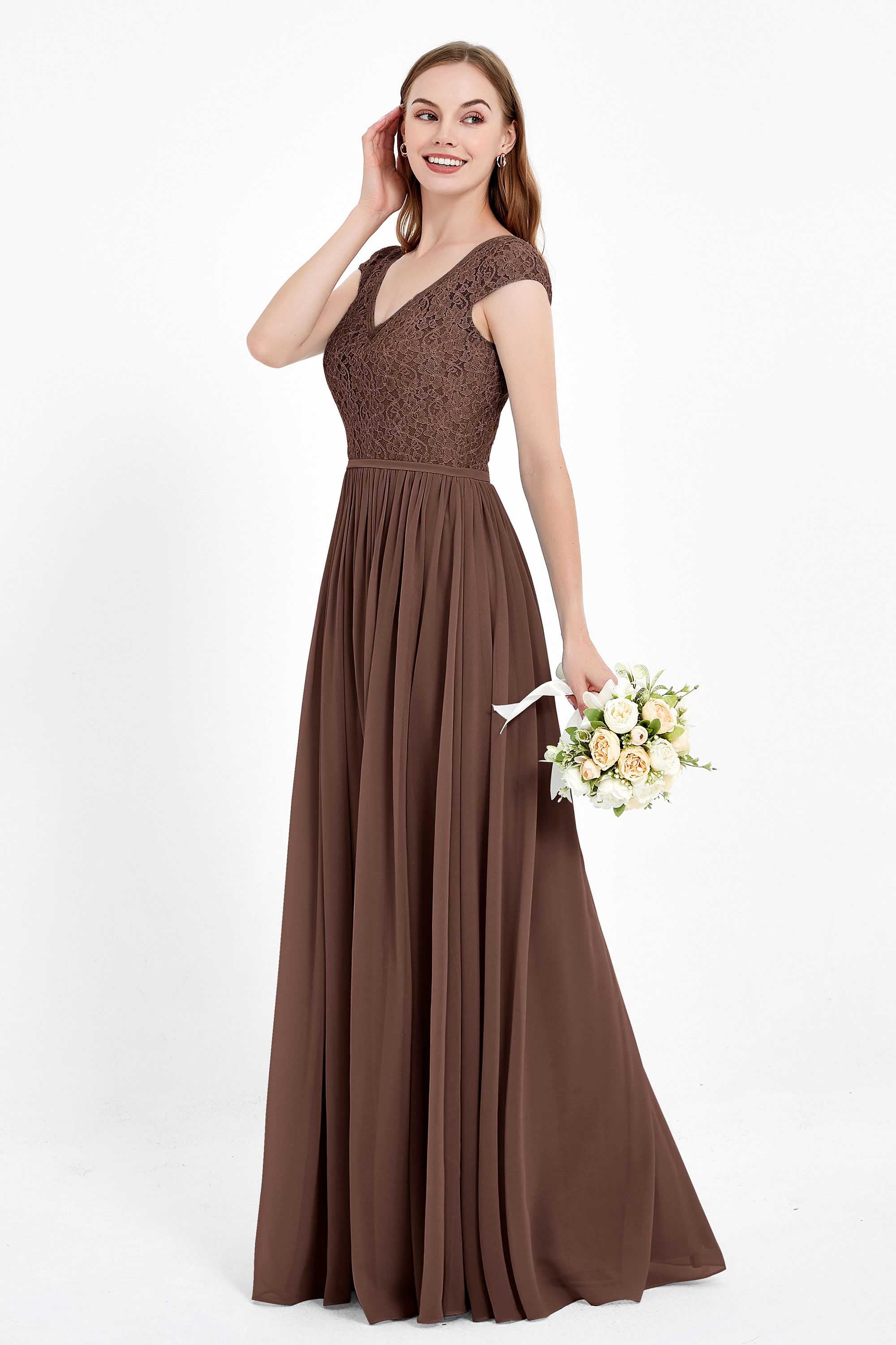 Cap Sleeves Ruched Chiffon Bridesmaid Dress Lace Formal Evening Party Dresses Gowns