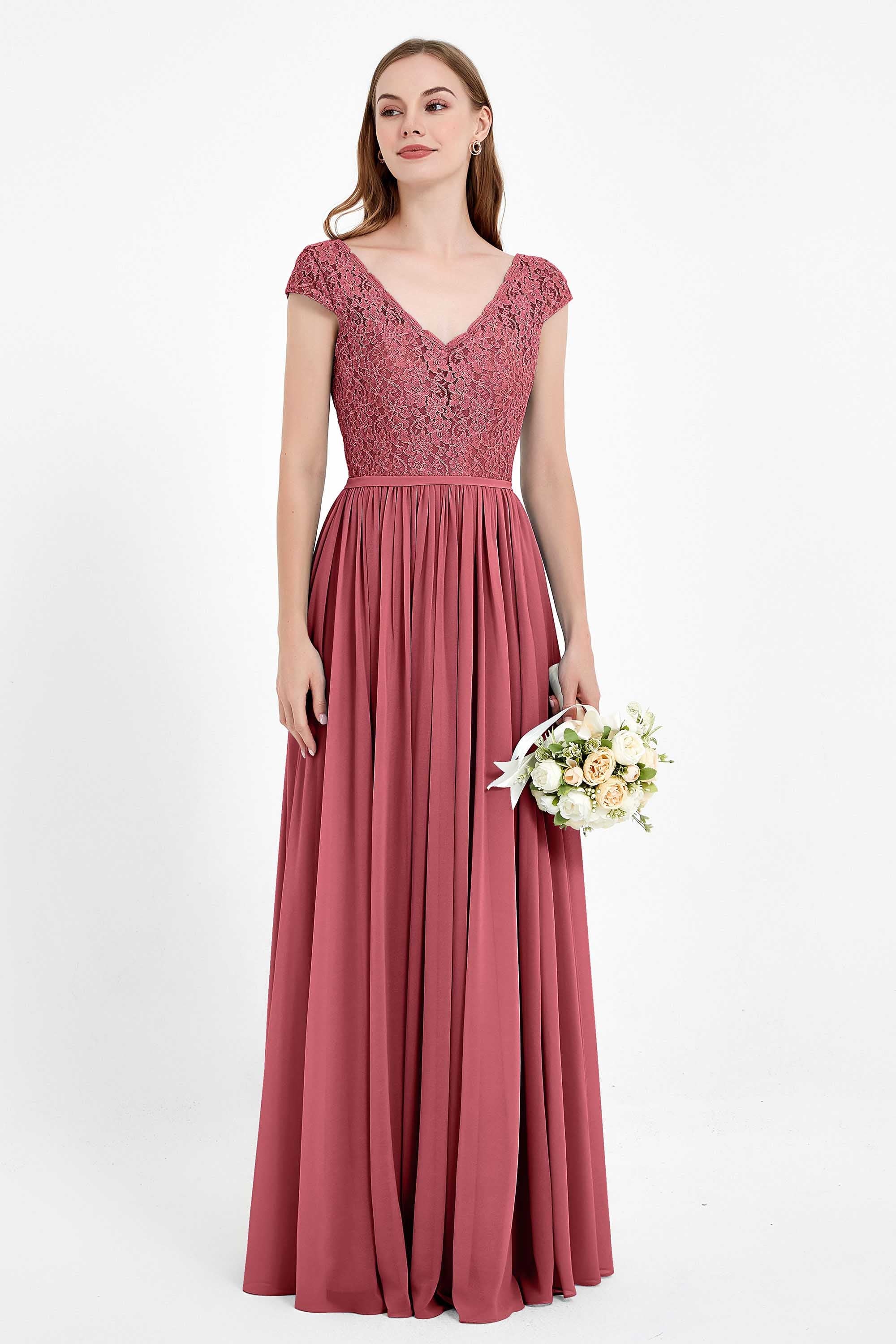 Cap Sleeves Ruched Chiffon Bridesmaid Dress Lace Formal Evening Party Dresses Gowns