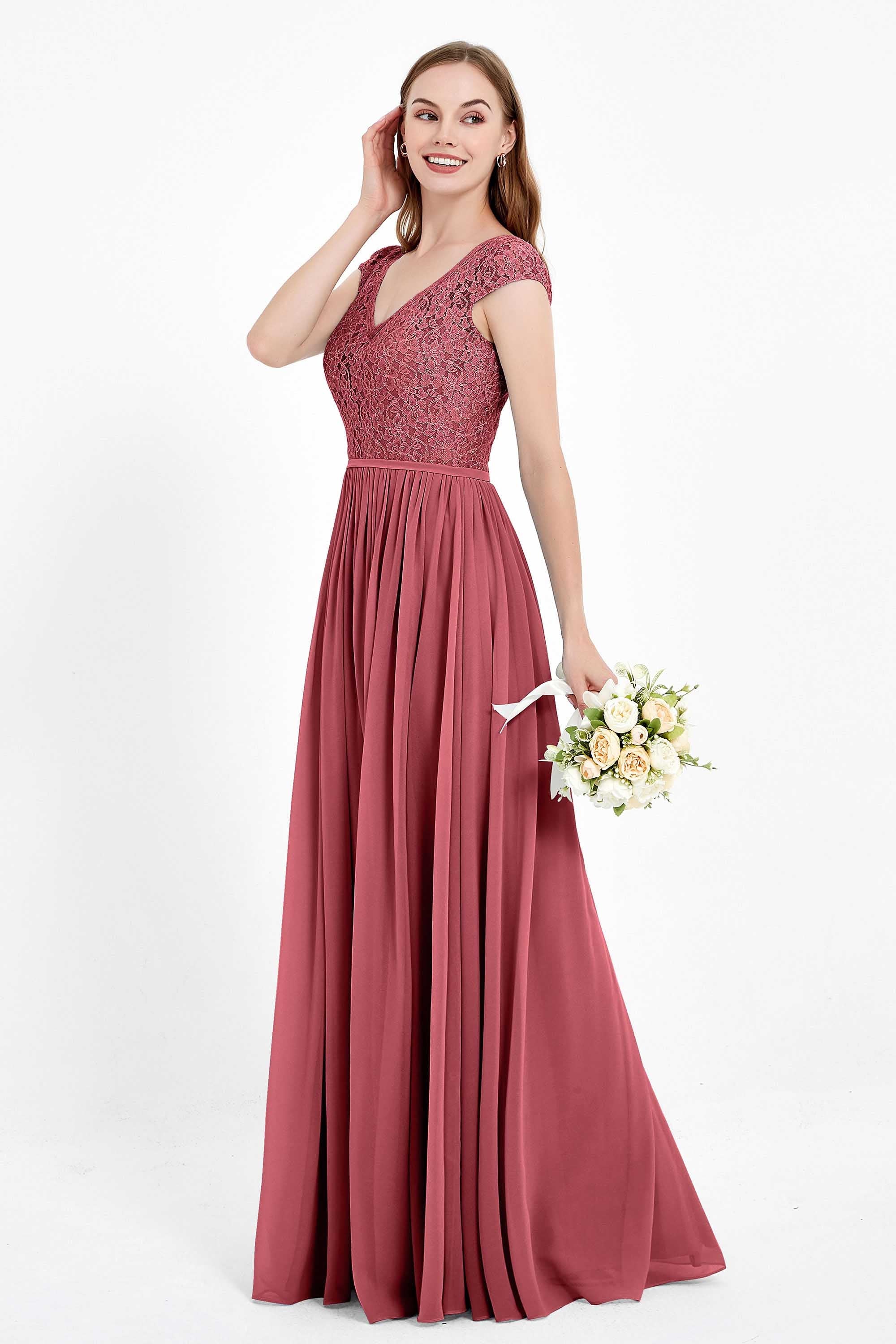 Cap Sleeves Ruched Chiffon Bridesmaid Dress Lace Formal Evening Party Dresses Gowns