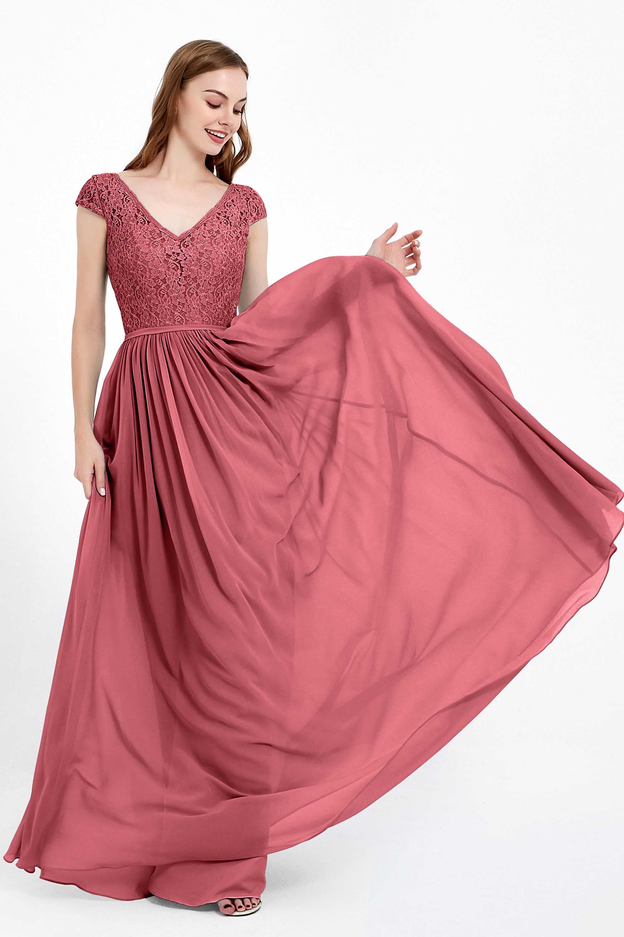 Cap Sleeves Ruched Chiffon Bridesmaid Dress Lace Formal Evening Party Dresses Gowns