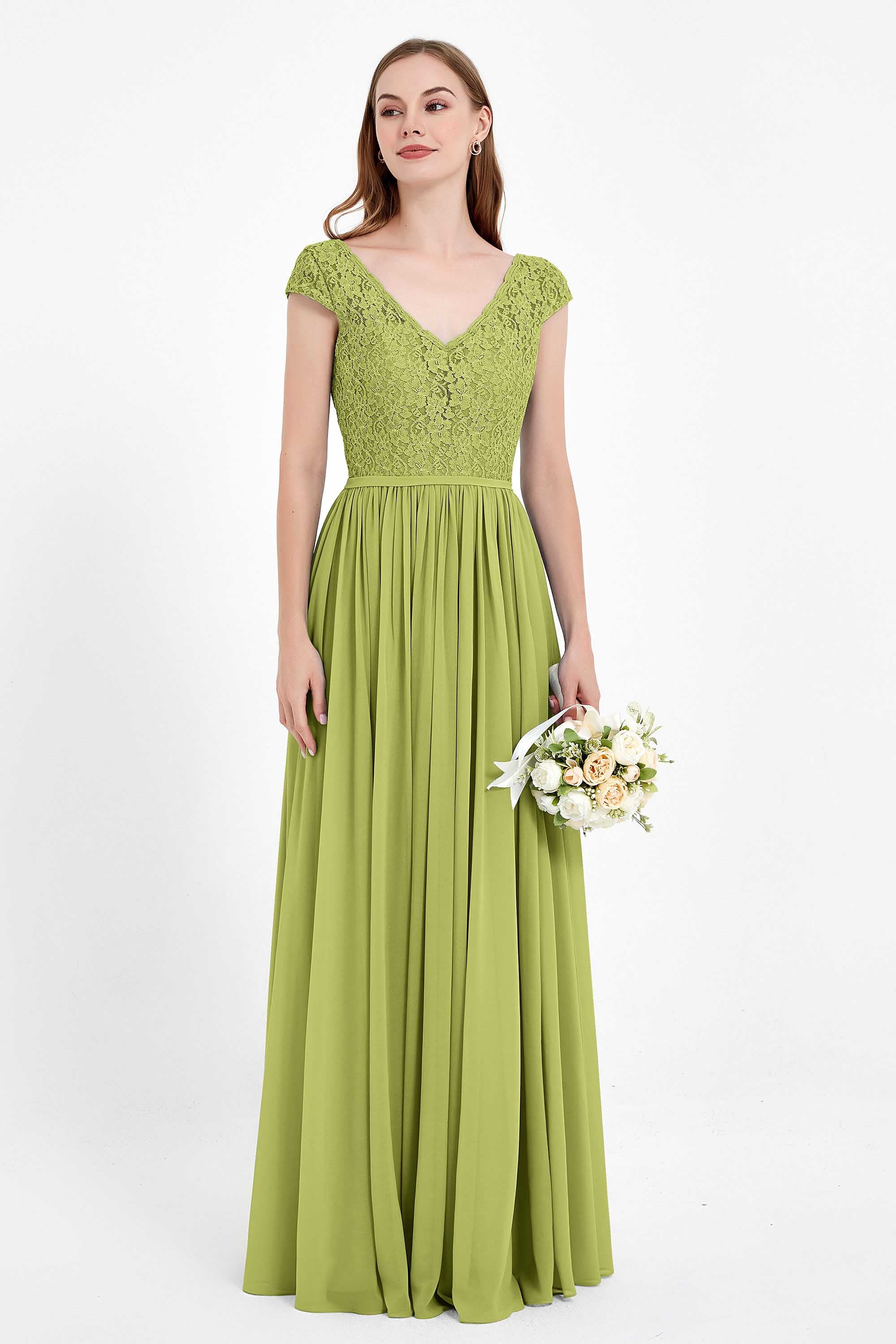 Cap Sleeves Ruched Chiffon Bridesmaid Dress Lace Formal Evening Party Dresses Gowns