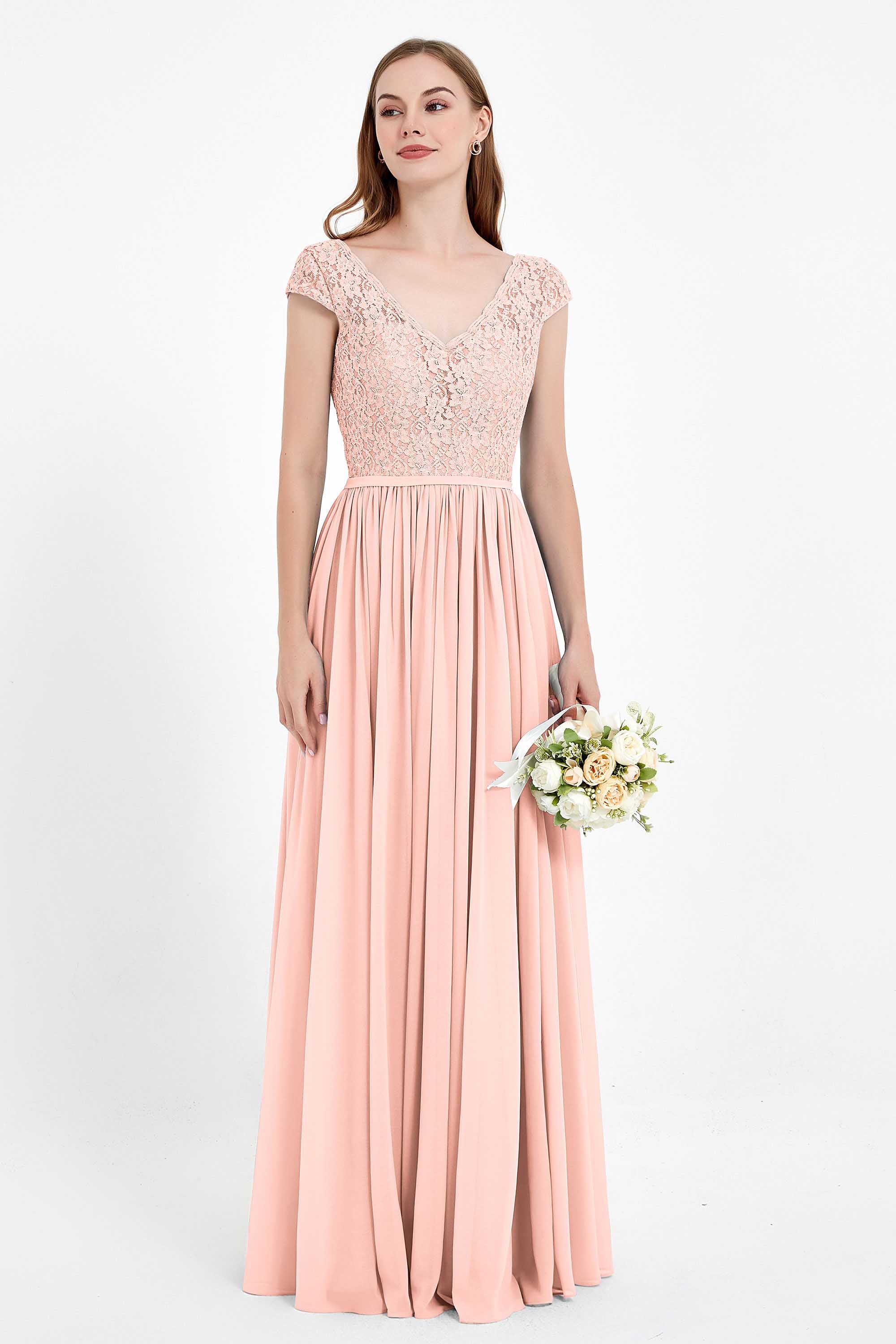 Cap Sleeves Ruched Chiffon Bridesmaid Dress Lace Formal Evening Party Dresses Gowns