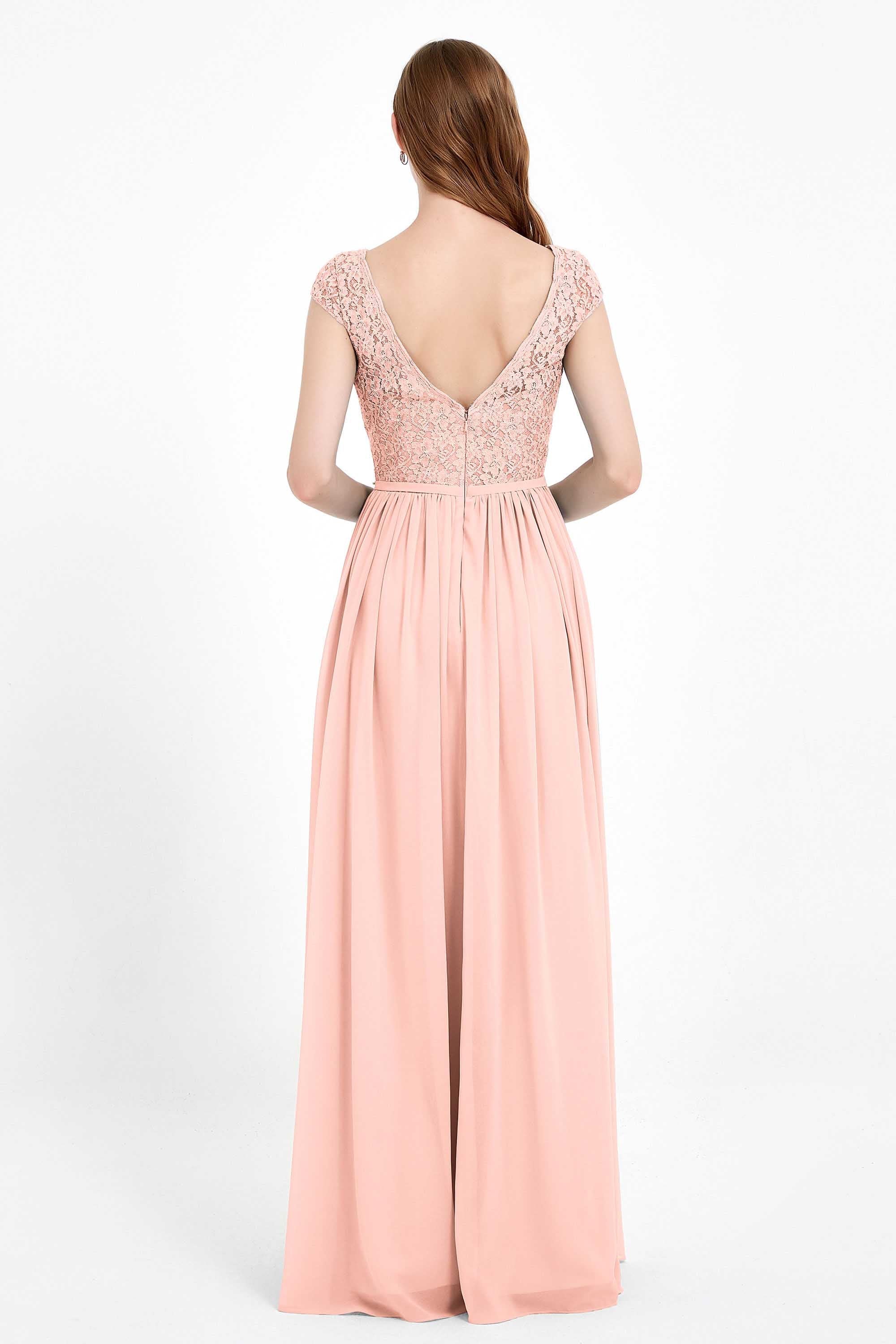 Cap Sleeves Ruched Chiffon Bridesmaid Dress Lace Formal Evening Party Dresses Gowns