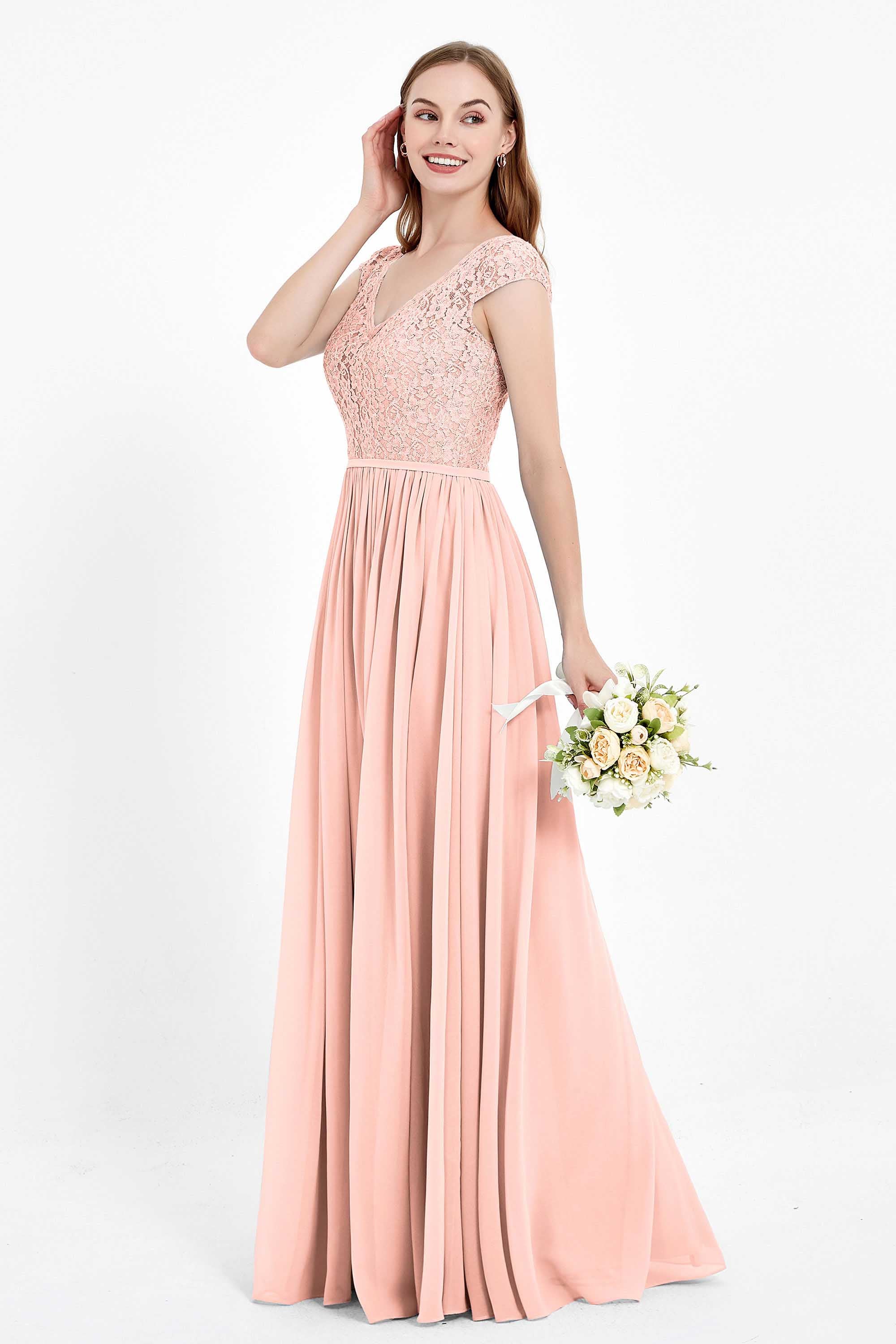 Cap Sleeves Ruched Chiffon Bridesmaid Dress Lace Formal Evening Party Dresses Gowns