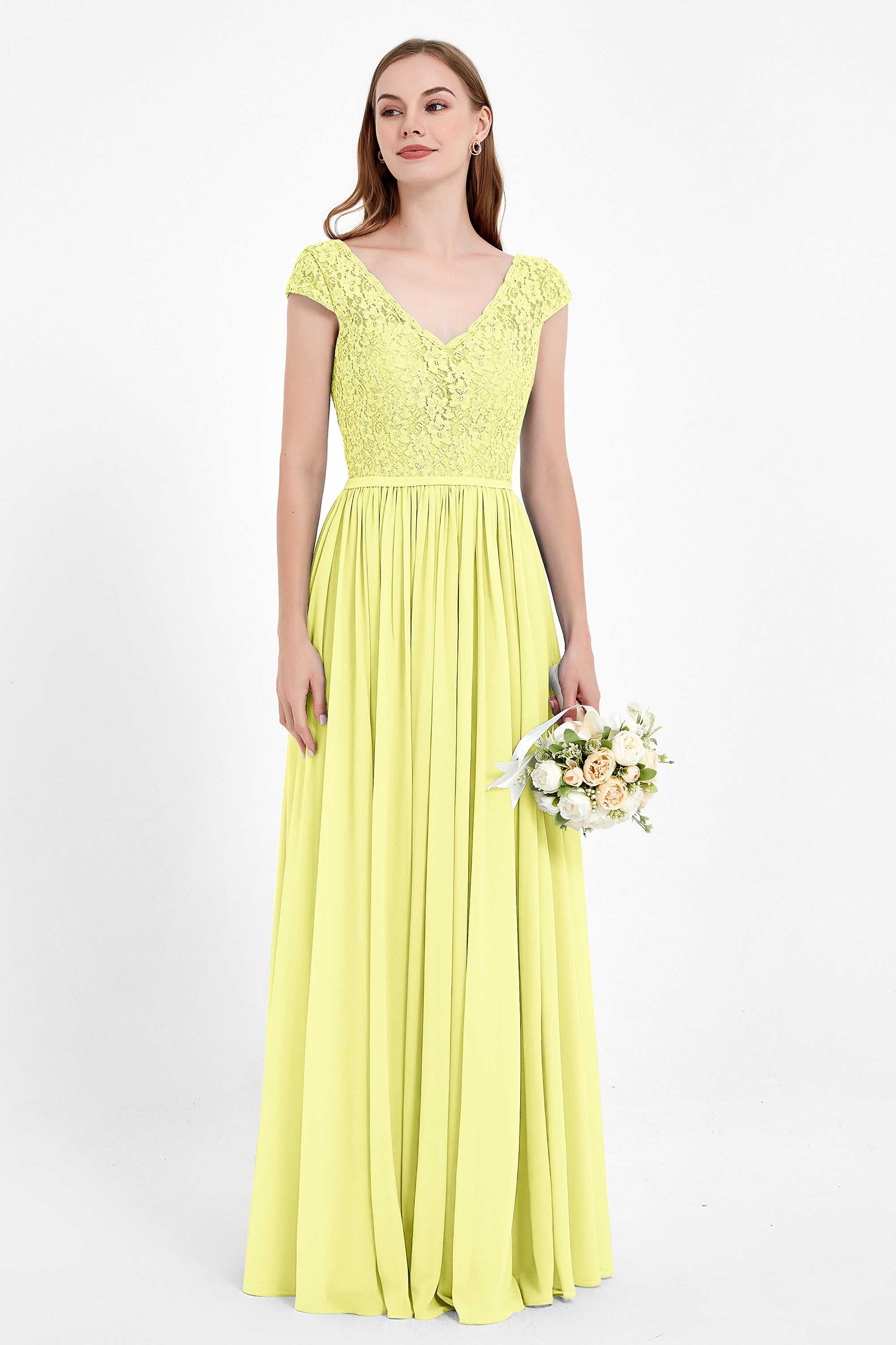 Cap Sleeves Ruched Chiffon Bridesmaid Dress Lace Formal Evening Party Dresses Gowns