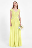Cap Sleeves Ruched Chiffon Bridesmaid Dress Lace Formal Evening Party Dresses Gowns