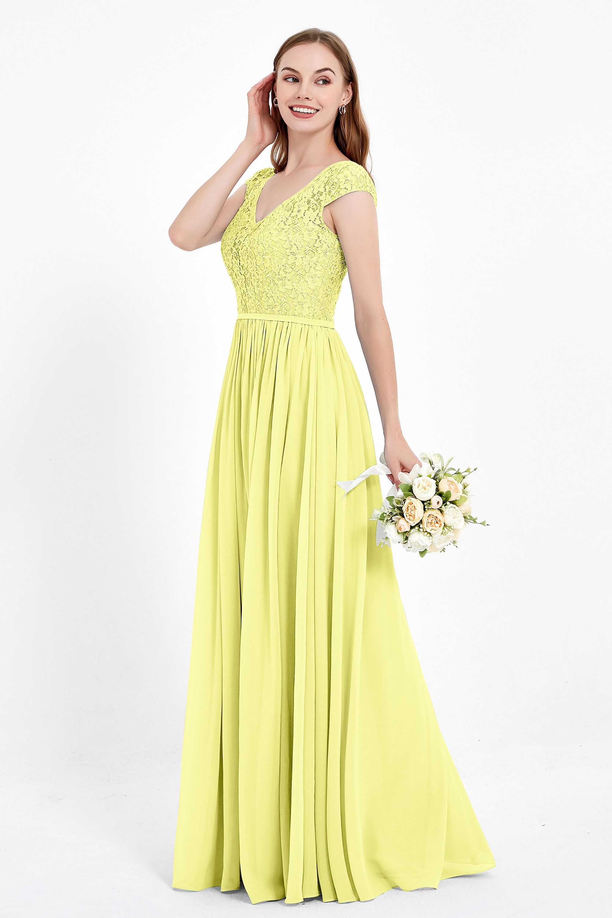 Cap Sleeves Ruched Chiffon Bridesmaid Dress Lace Formal Evening Party Dresses Gowns