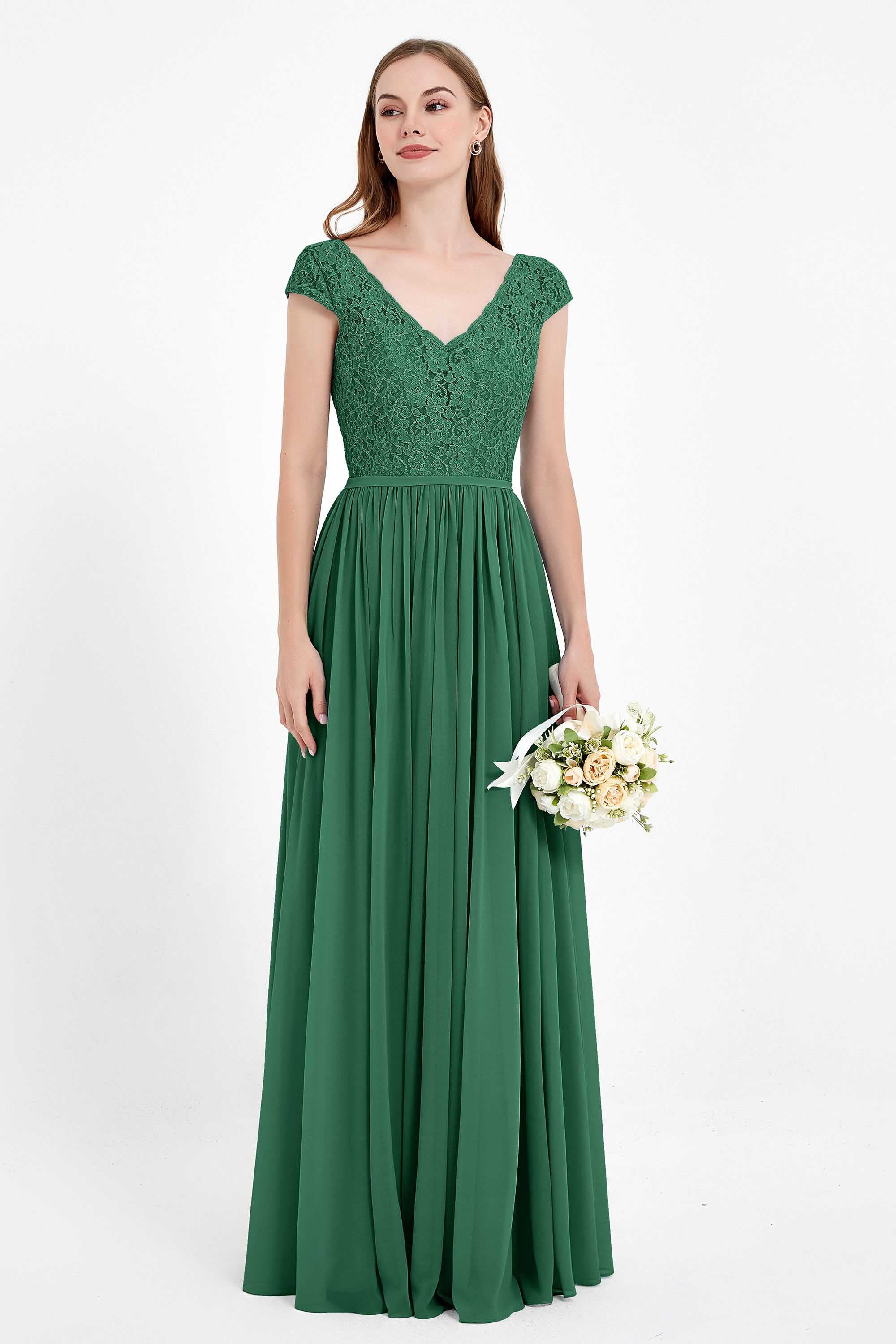 Cap Sleeves Ruched Chiffon Bridesmaid Dress Lace Formal Evening Party Dresses Gowns