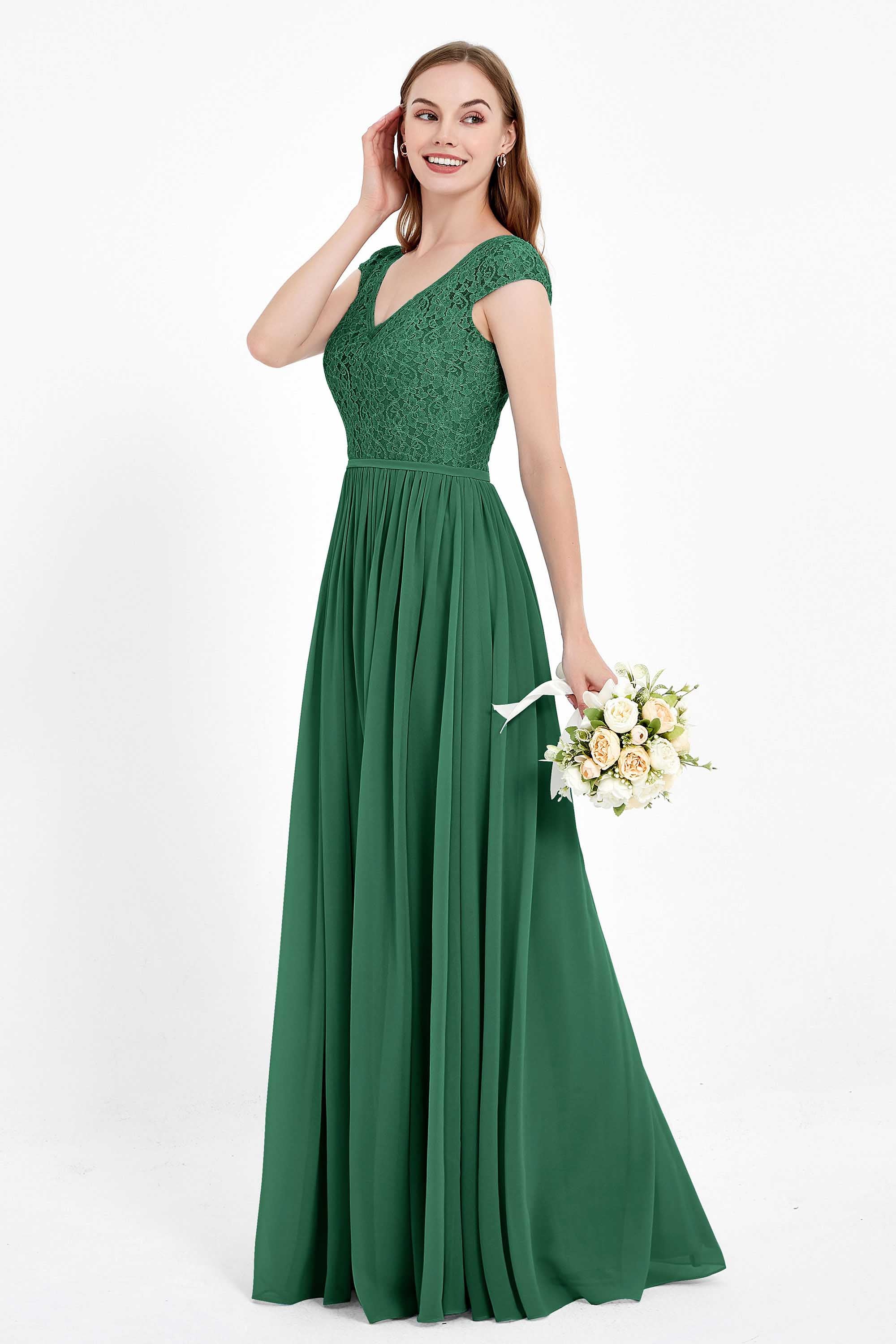 Cap Sleeves Ruched Chiffon Bridesmaid Dress Lace Formal Evening Party Dresses Gowns