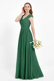 Cap Sleeves Ruched Chiffon Bridesmaid Dress Lace Formal Evening Party Dresses Gowns