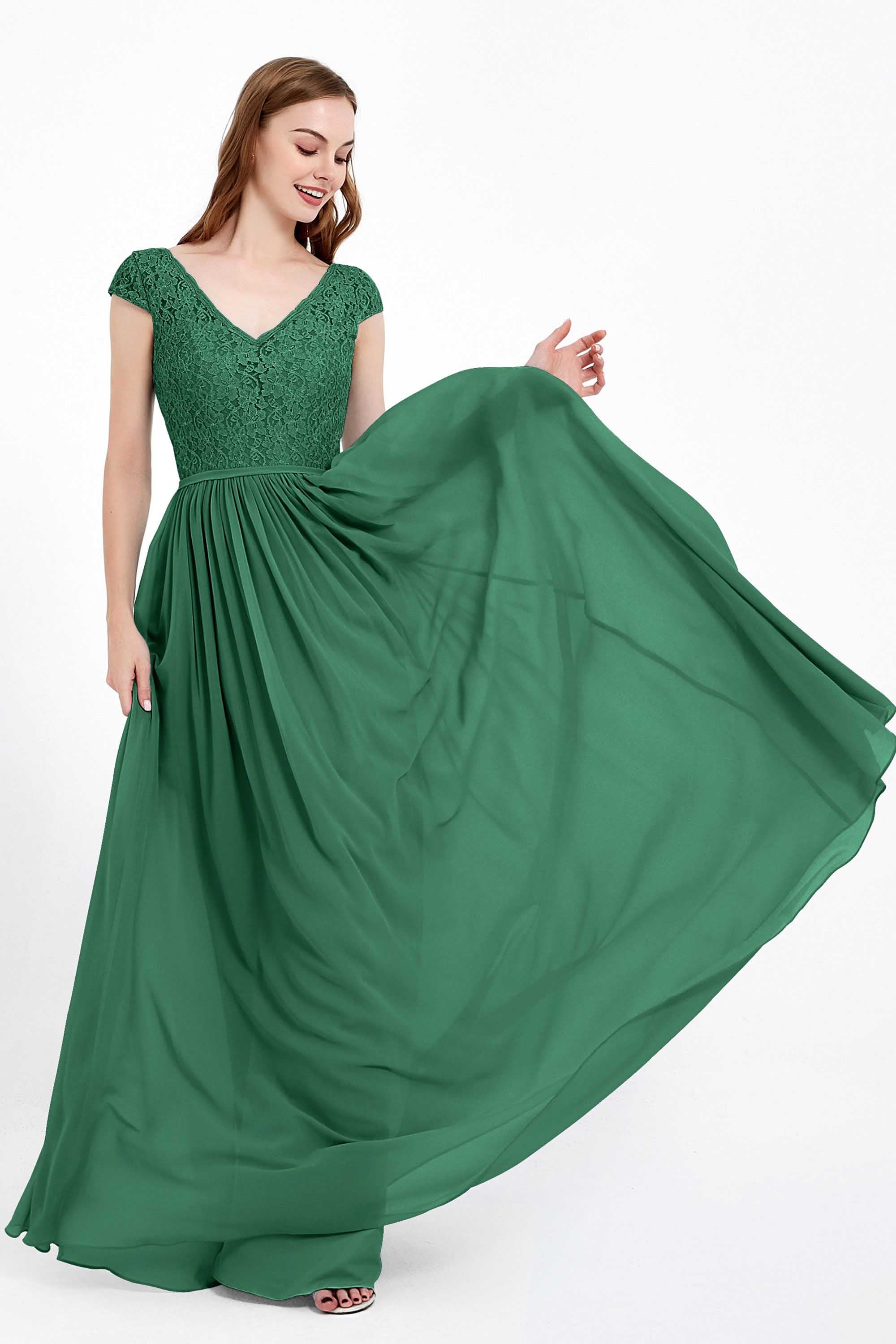 Cap Sleeves Ruched Chiffon Bridesmaid Dress Lace Formal Evening Party Dresses Gowns