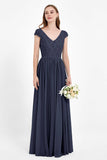 Cap Sleeves Ruched Chiffon Bridesmaid Dress Lace Formal Evening Party Dresses Gowns