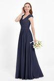 Cap Sleeves Ruched Chiffon Bridesmaid Dress Lace Formal Evening Party Dresses Gowns