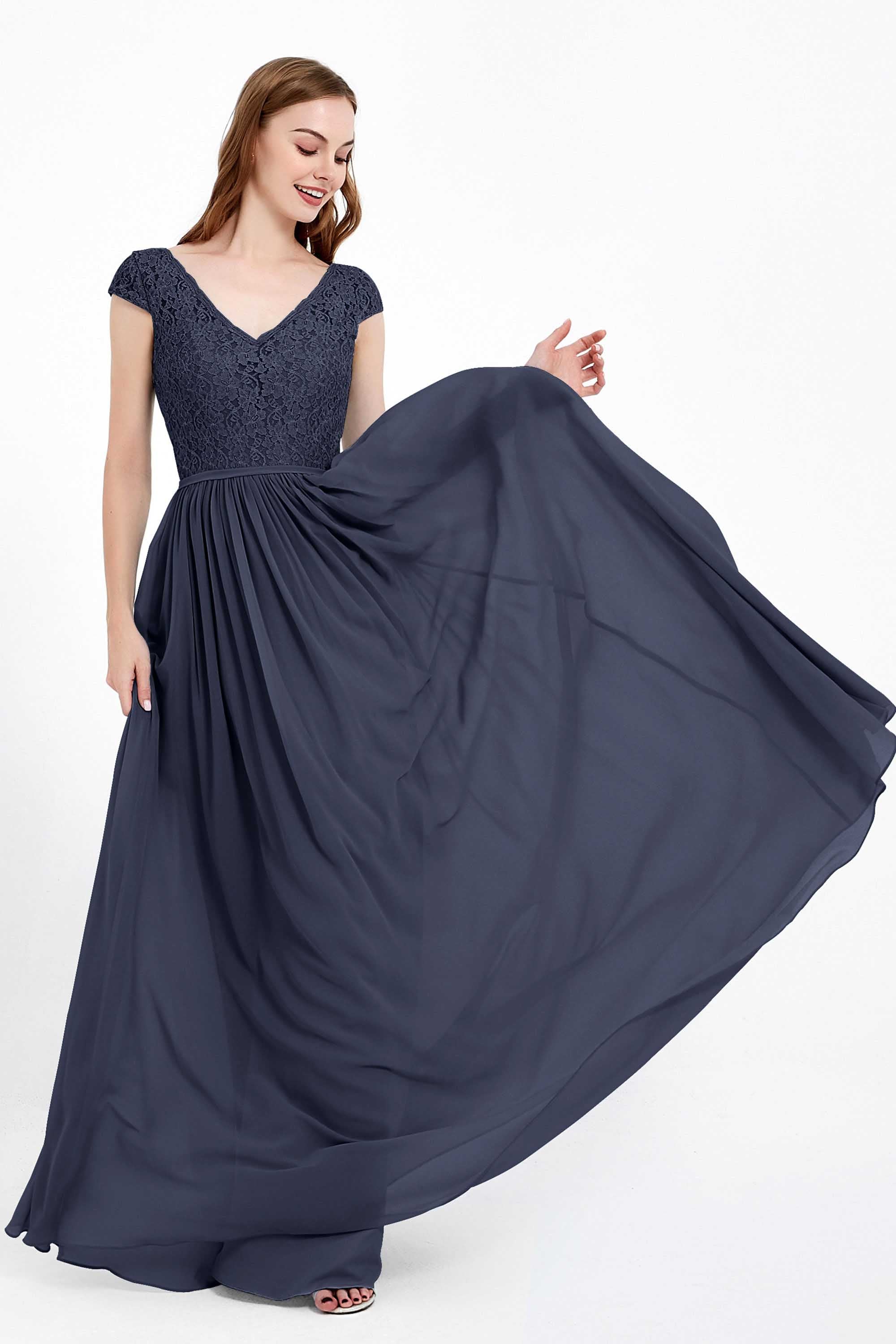 Cap Sleeves Ruched Chiffon Bridesmaid Dress Lace Formal Evening Party Dresses Gowns