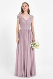 Cap Sleeves Ruched Chiffon Bridesmaid Dress Lace Formal Evening Party Dresses Gowns