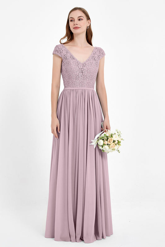 Cap Sleeves Ruched Chiffon Bridesmaid Dress Lace Formal Evening Party Dresses Gowns