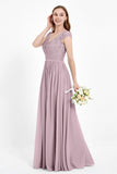 Cap Sleeves Ruched Chiffon Bridesmaid Dress Lace Formal Evening Party Dresses Gowns
