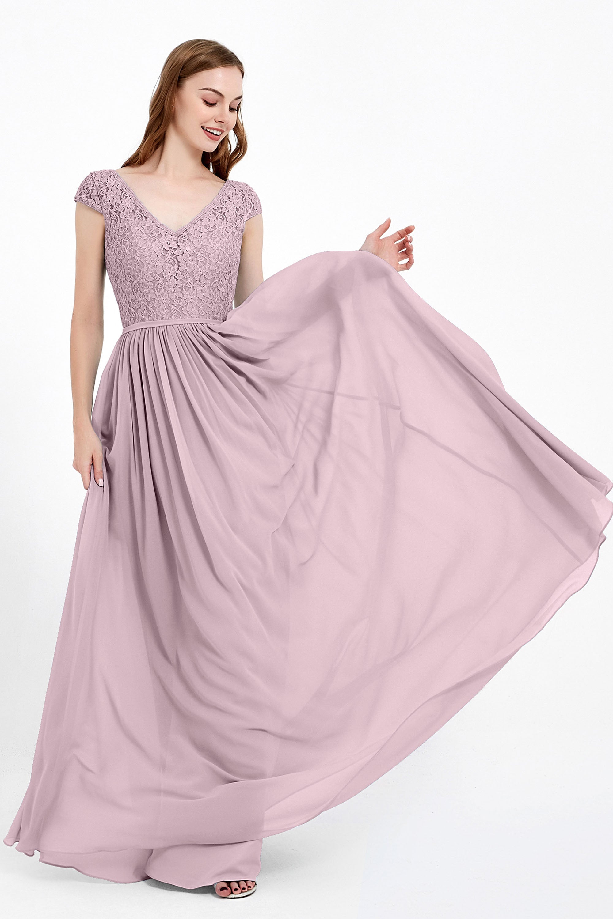 Cap Sleeves Ruched Chiffon Bridesmaid Dress Lace Formal Evening Party Dresses Gowns