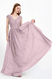Cap Sleeves Ruched Chiffon Bridesmaid Dress Lace Formal Evening Party Dresses Gowns
