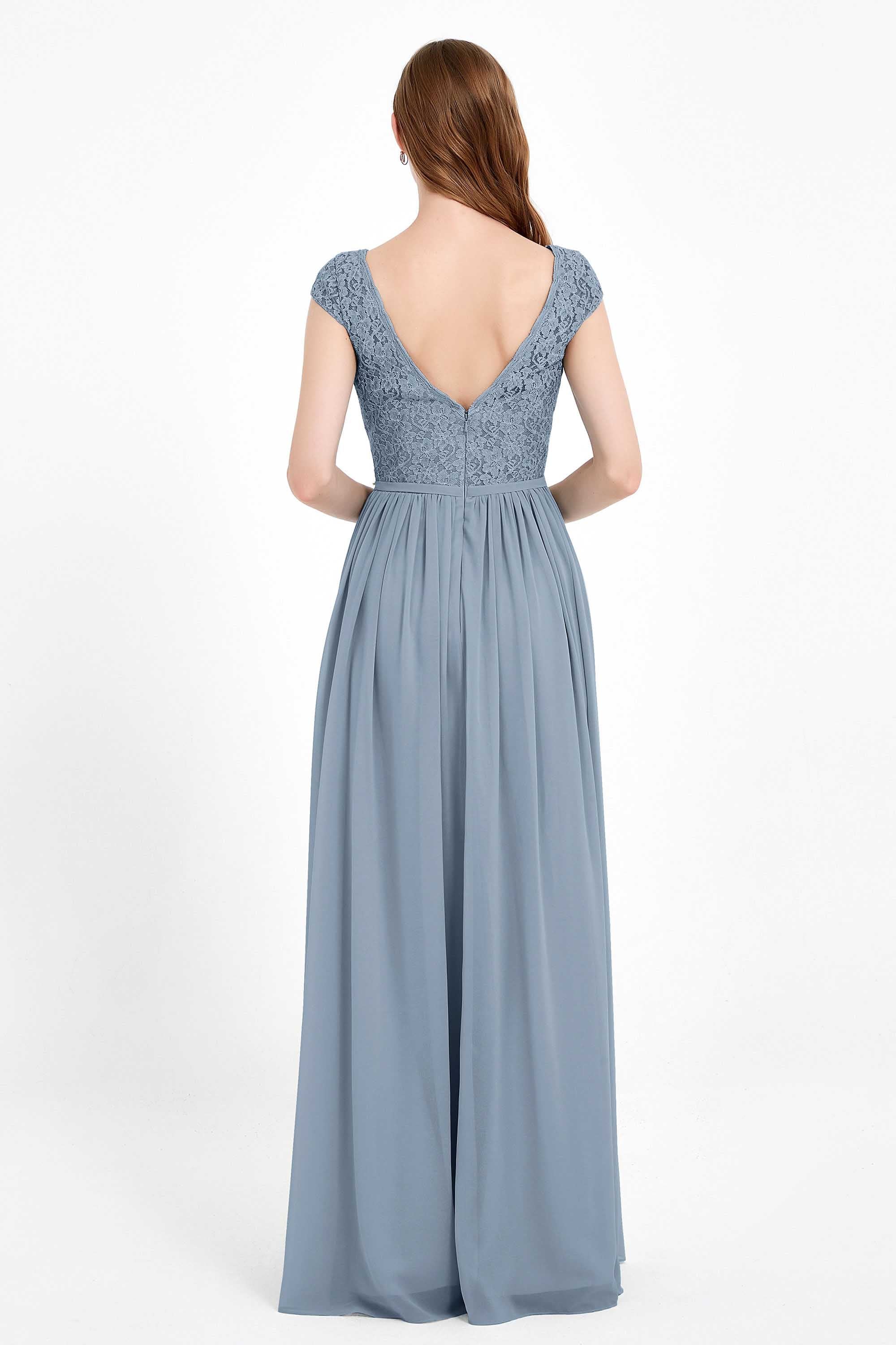 Cap Sleeves Ruched Chiffon Bridesmaid Dress Lace Formal Evening Party Dresses Gowns