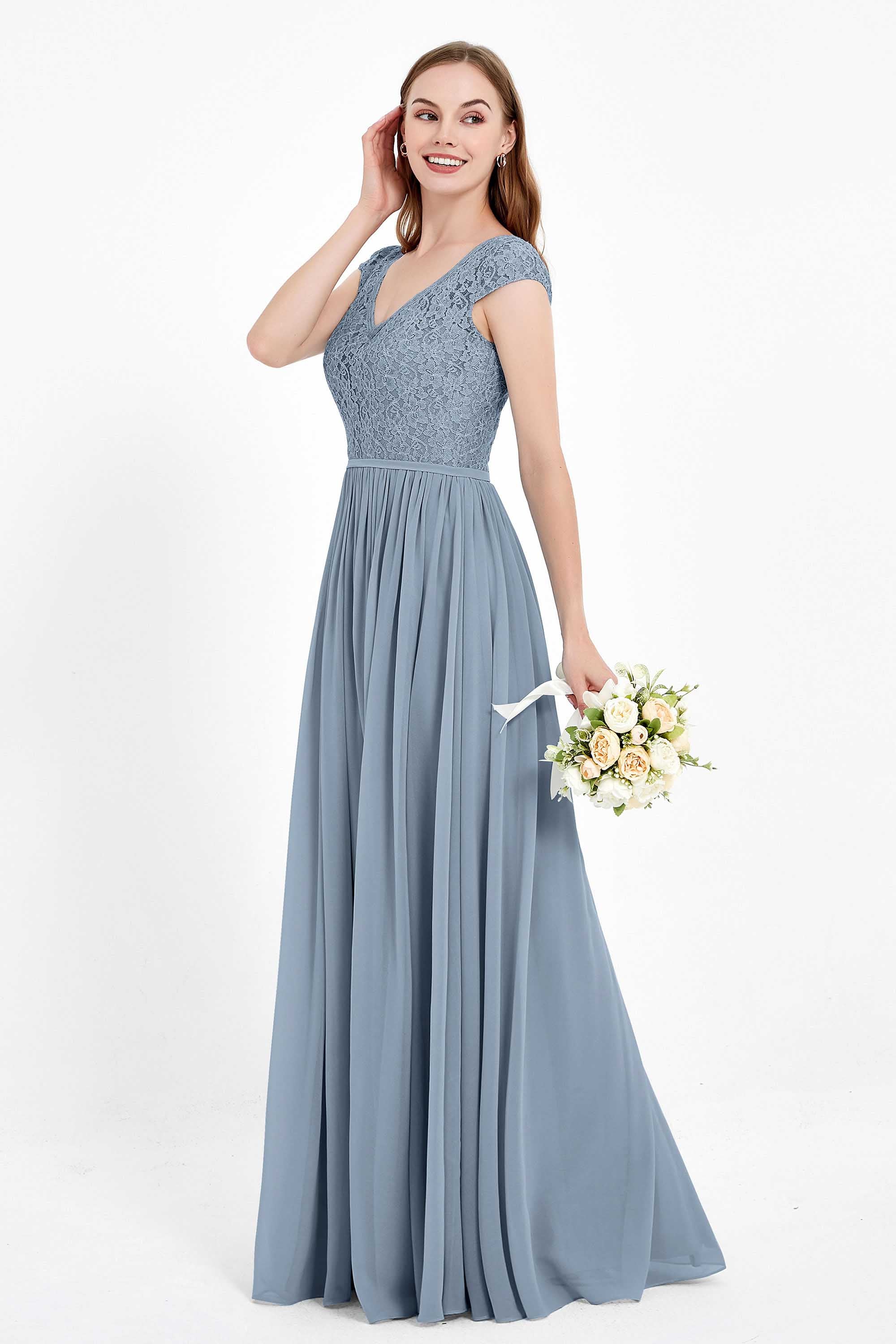 Cap Sleeves Ruched Chiffon Bridesmaid Dress Lace Formal Evening Party Dresses Gowns