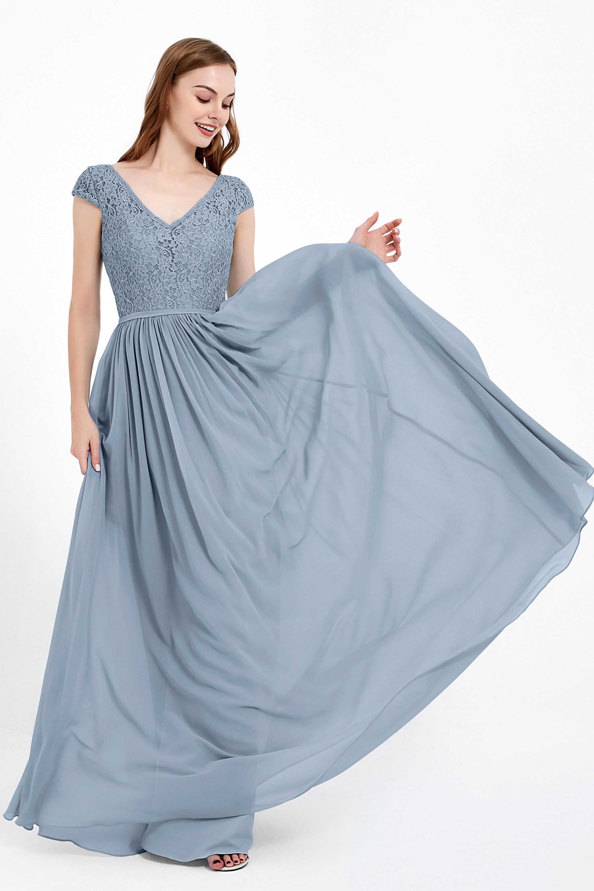 Cap Sleeves Ruched Chiffon Bridesmaid Dress Lace Formal Evening Party Dresses Gowns