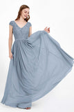 Cap Sleeves Ruched Chiffon Bridesmaid Dress Lace Formal Evening Party Dresses Gowns