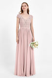 Cap Sleeves Ruched Chiffon Bridesmaid Dress Lace Formal Evening Party Dresses Gowns