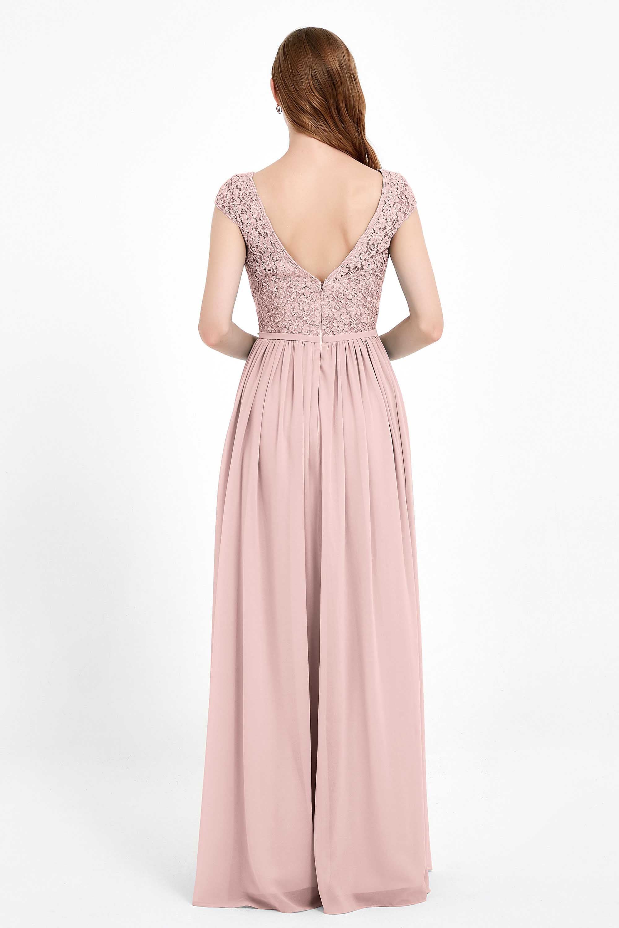 Cap Sleeves Ruched Chiffon Bridesmaid Dress Lace Formal Evening Party Dresses Gowns