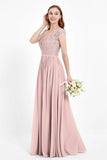 Cap Sleeves Ruched Chiffon Bridesmaid Dress Lace Formal Evening Party Dresses Gowns