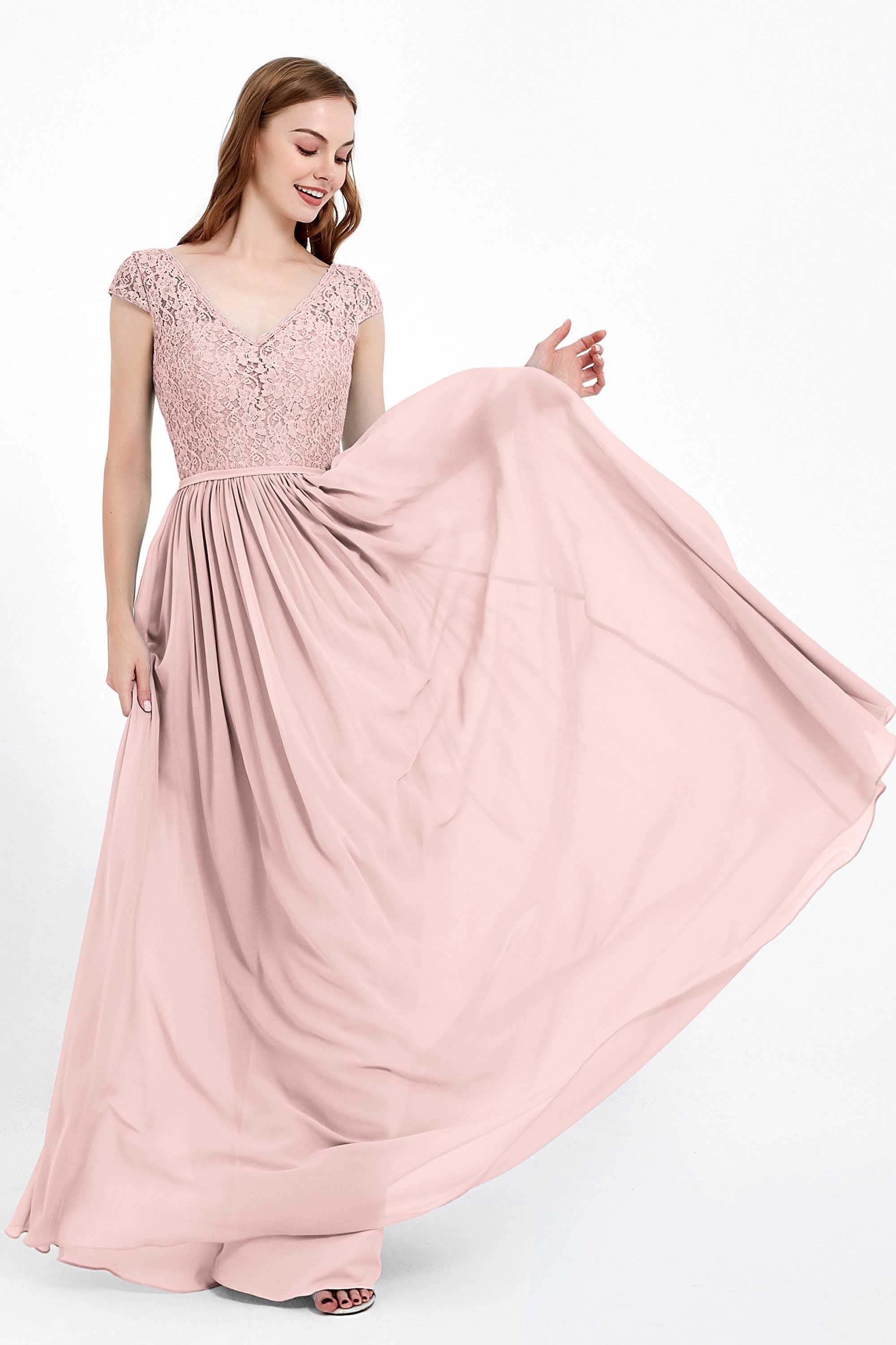 Cap Sleeves Ruched Chiffon Bridesmaid Dress Lace Formal Evening Party Dresses Gowns