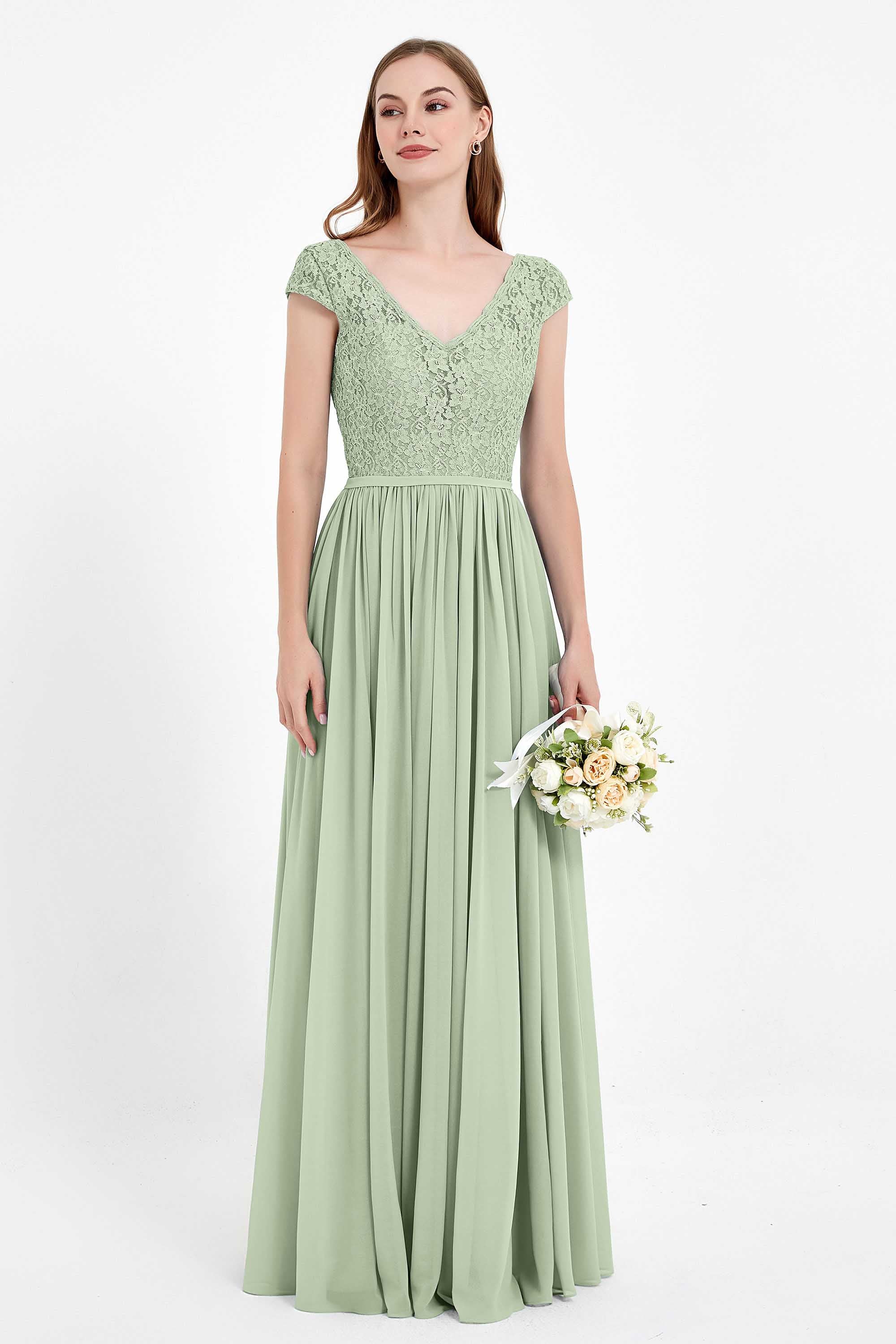 Cap Sleeves Ruched Chiffon Bridesmaid Dress Lace Formal Evening Party Dresses Gowns