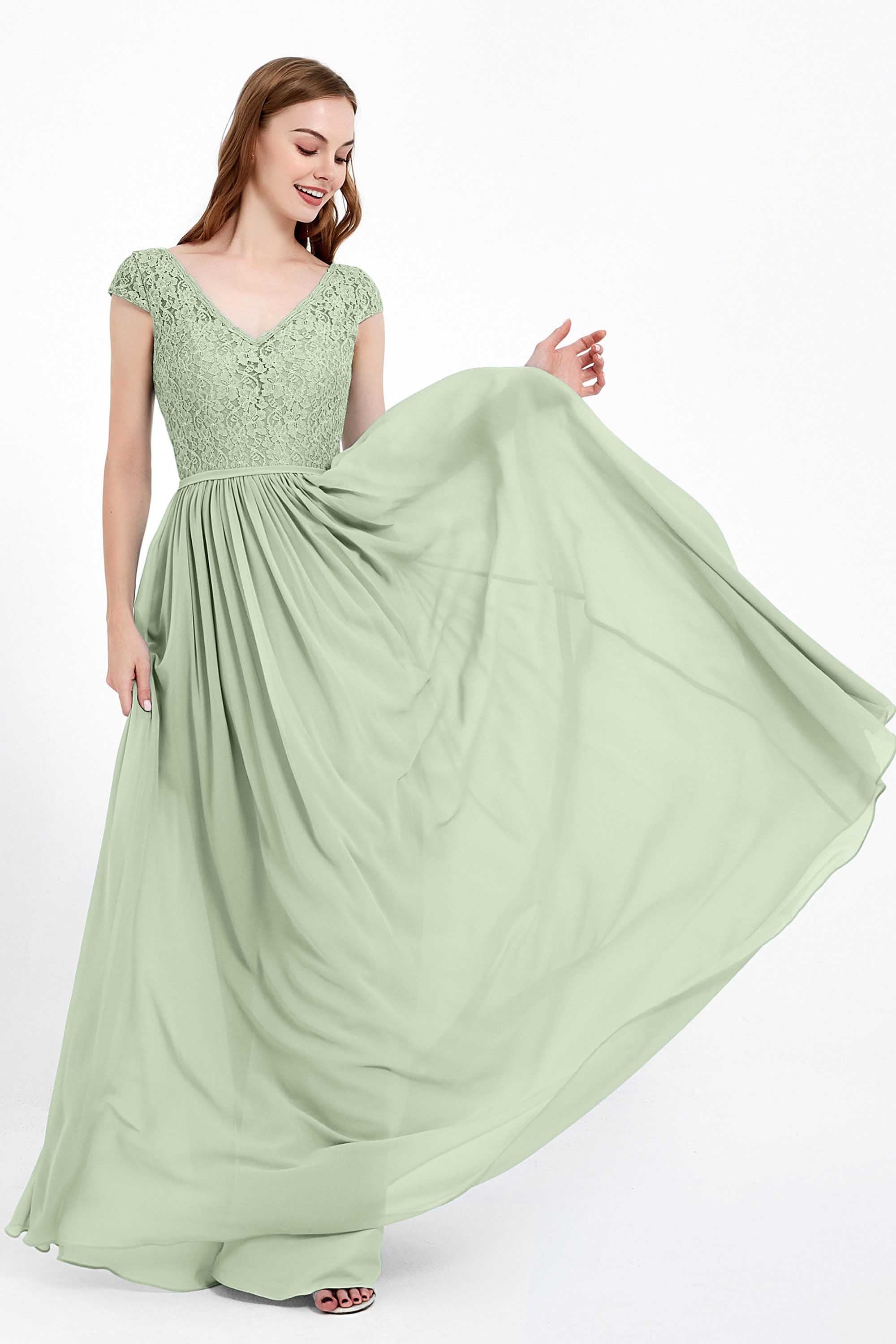 Cap Sleeves Ruched Chiffon Bridesmaid Dress Lace Formal Evening Party Dresses Gowns