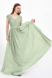Cap Sleeves Ruched Chiffon Bridesmaid Dress Lace Formal Evening Party Dresses Gowns