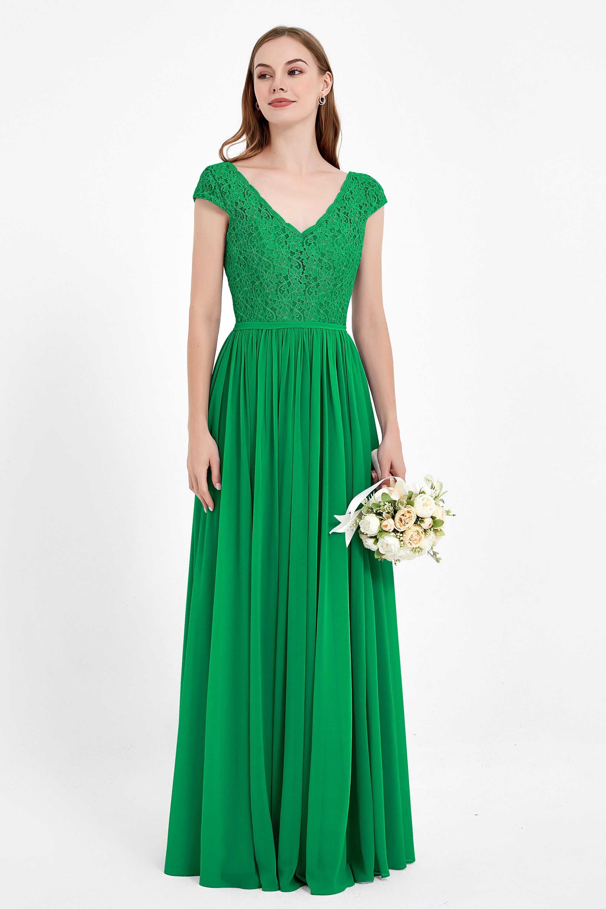 Cap Sleeves Ruched Chiffon Bridesmaid Dress Lace Formal Evening Party Dresses Gowns