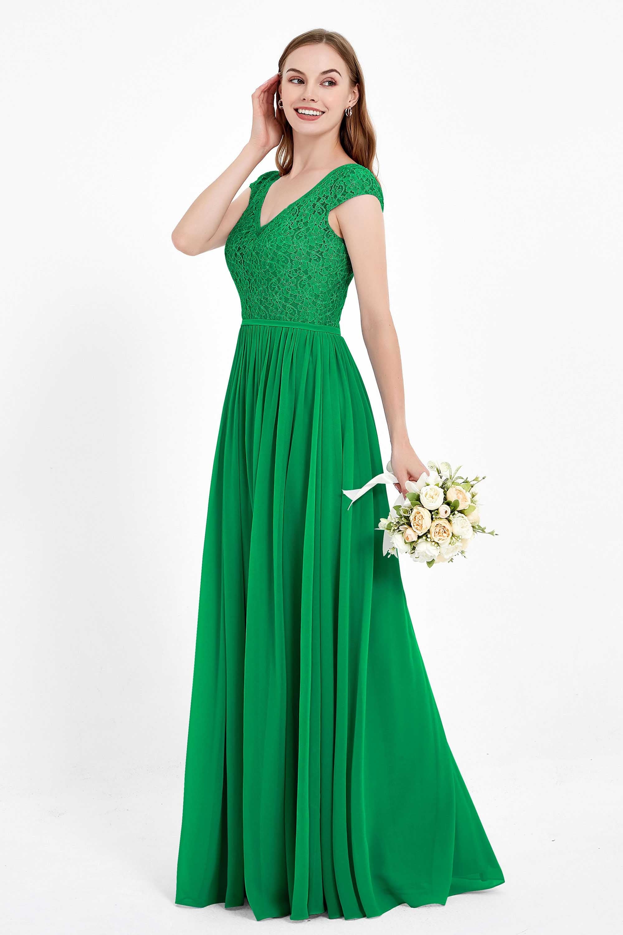 Cap Sleeves Ruched Chiffon Bridesmaid Dress Lace Formal Evening Party Dresses Gowns