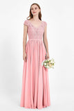 Cap Sleeves Ruched Chiffon Bridesmaid Dress Lace Formal Evening Party Dresses Gowns