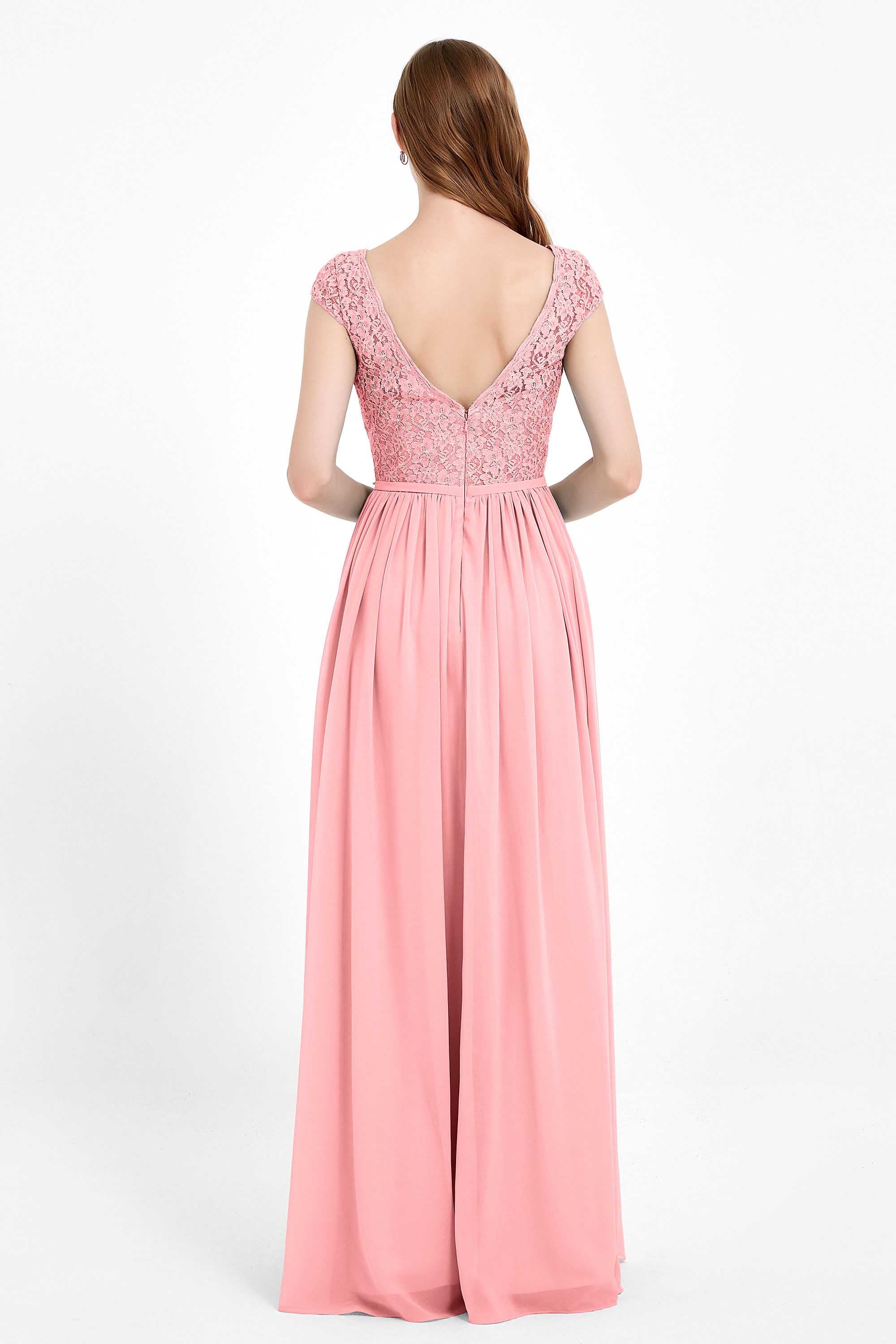 Cap Sleeves Ruched Chiffon Bridesmaid Dress Lace Formal Evening Party Dresses Gowns