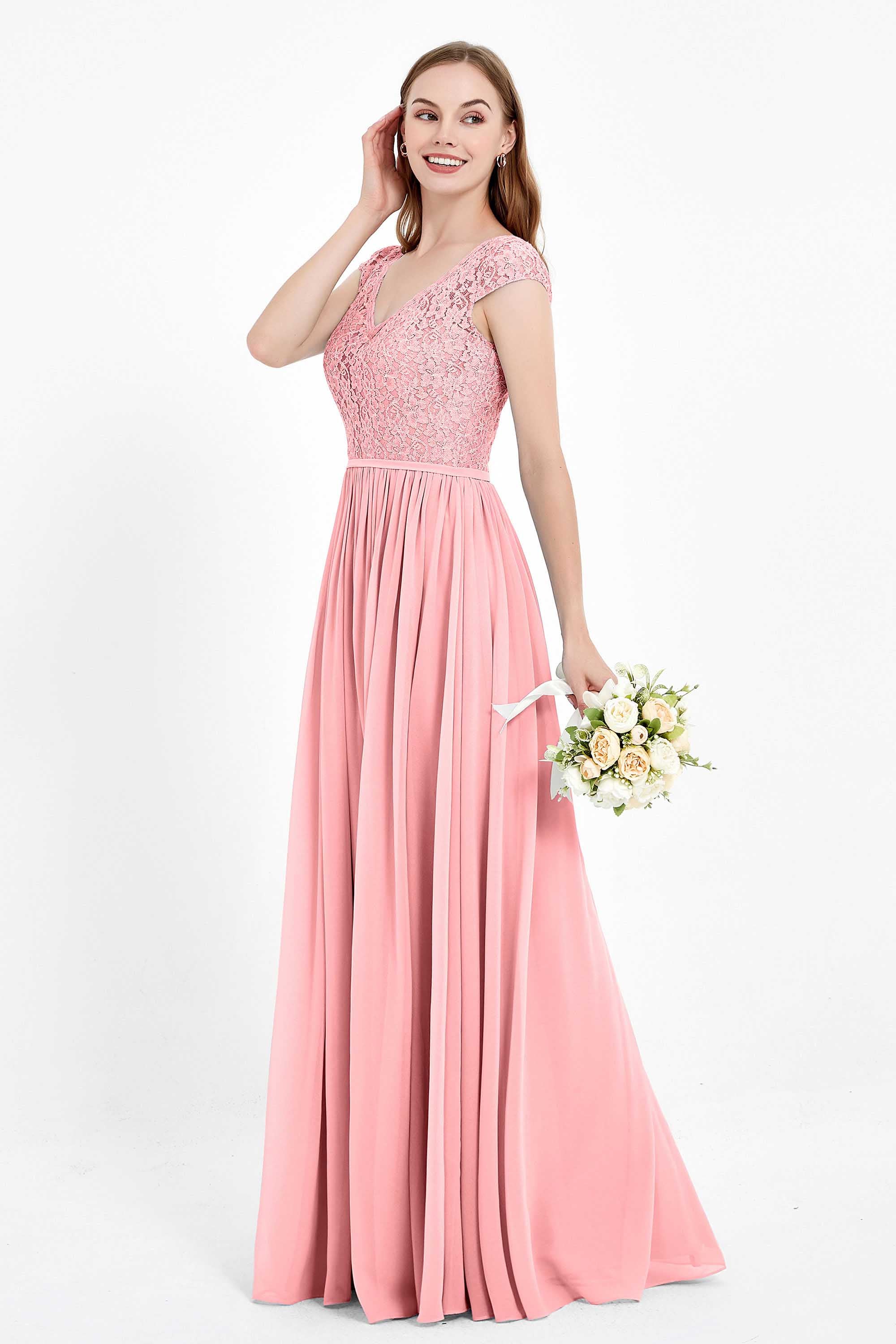 Cap Sleeves Ruched Chiffon Bridesmaid Dress Lace Formal Evening Party Dresses Gowns