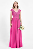 Cap Sleeves Ruched Chiffon Bridesmaid Dress Lace Formal Evening Party Dresses Gowns