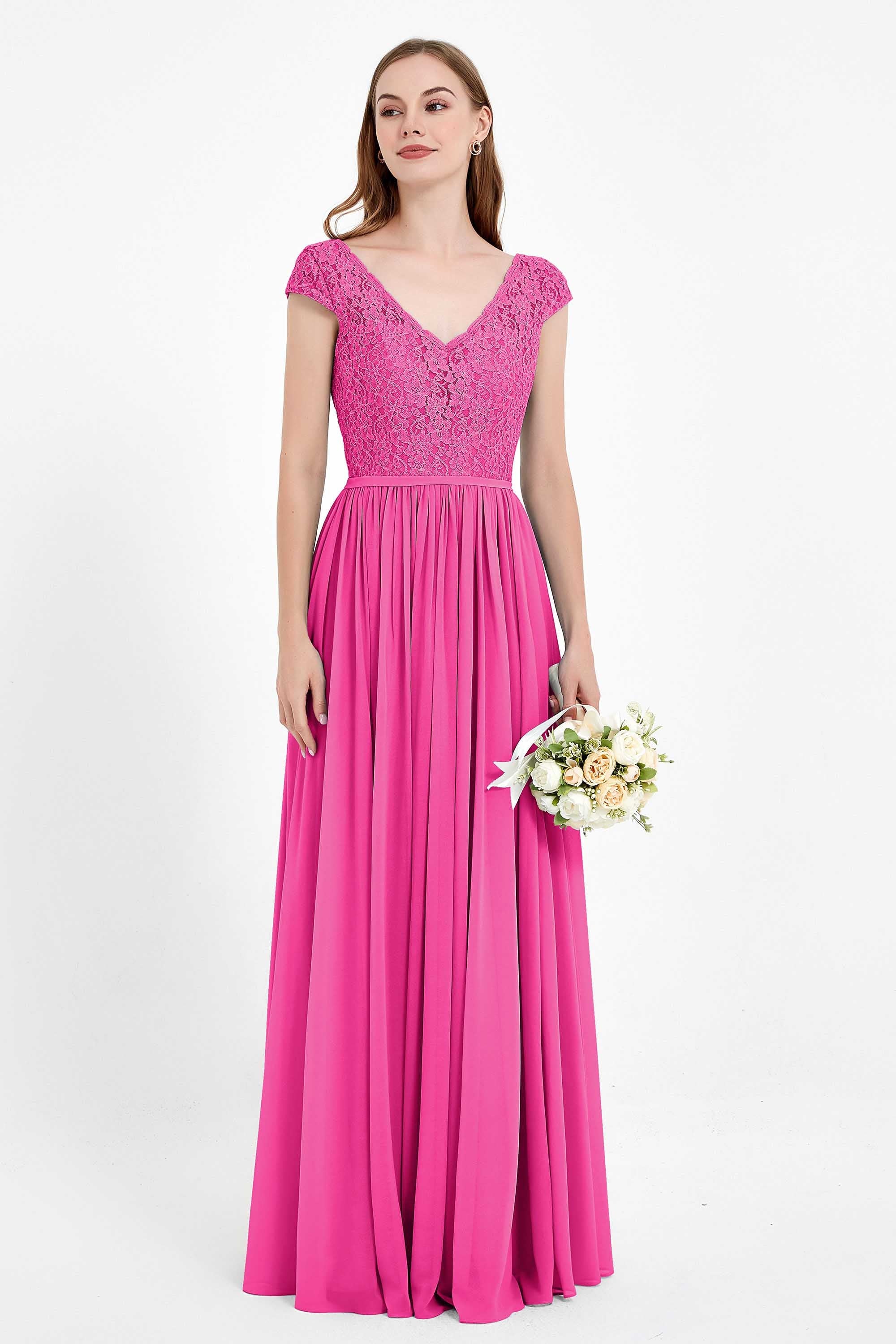 Cap Sleeves Ruched Chiffon Bridesmaid Dress Lace Formal Evening Party Dresses Gowns