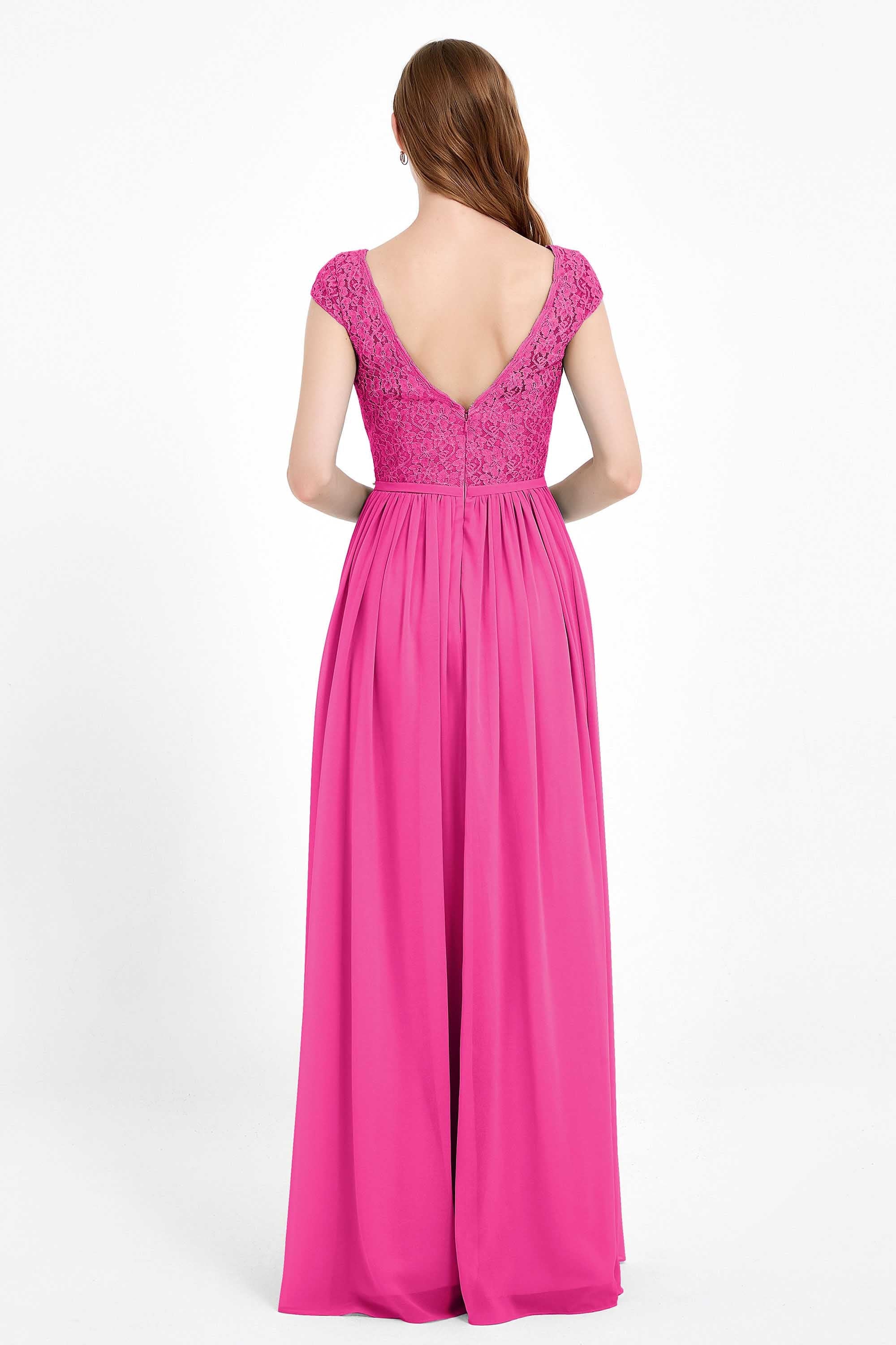 Cap Sleeves Ruched Chiffon Bridesmaid Dress Lace Formal Evening Party Dresses Gowns
